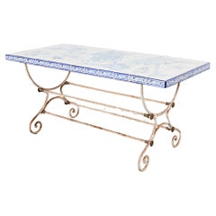 Vintage French Iron Bronze Garden Table with Blue White Tile Top