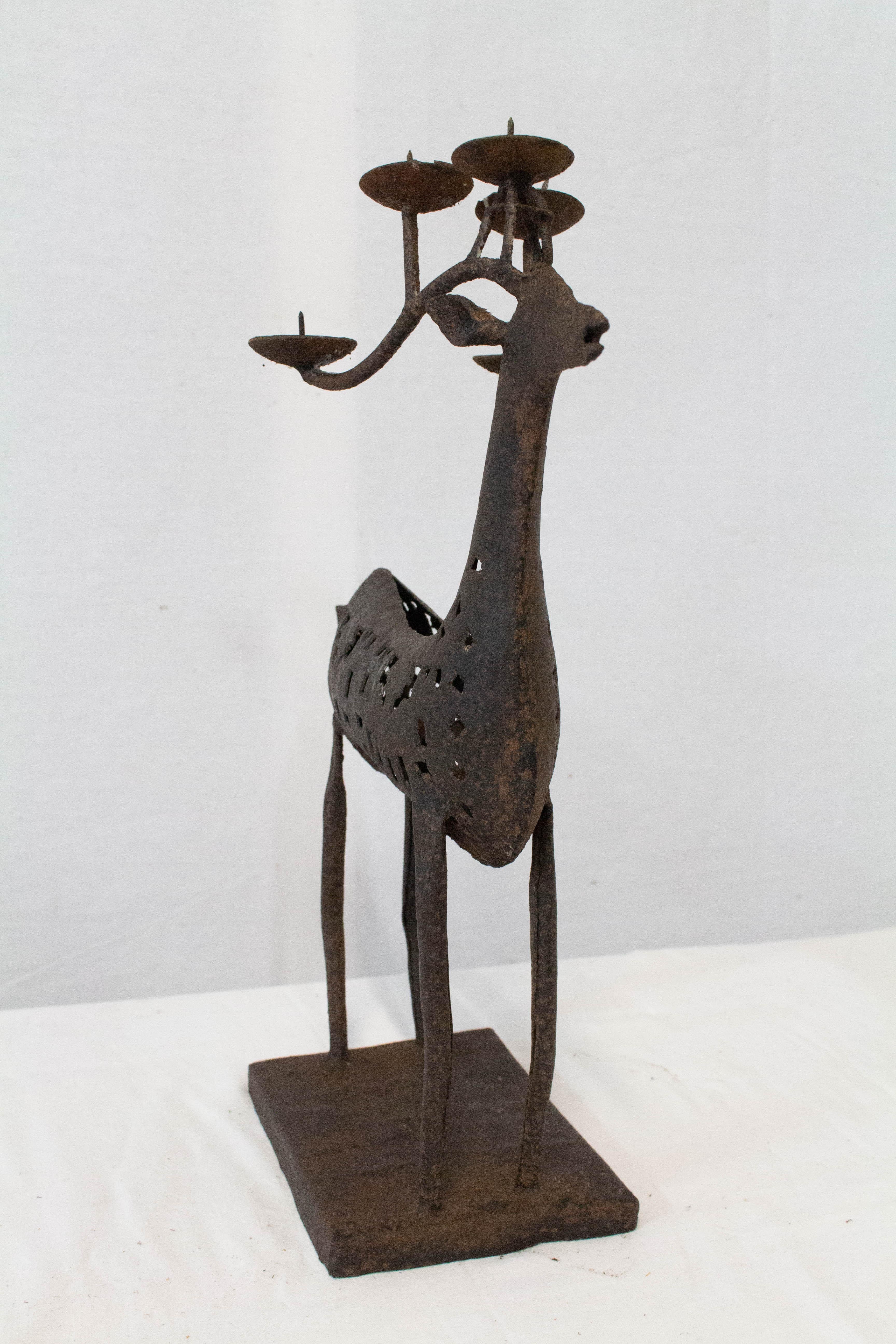 French Provincial French Iron Candleholder Deer Christmas Gift or Decoration Midcentury For Sale