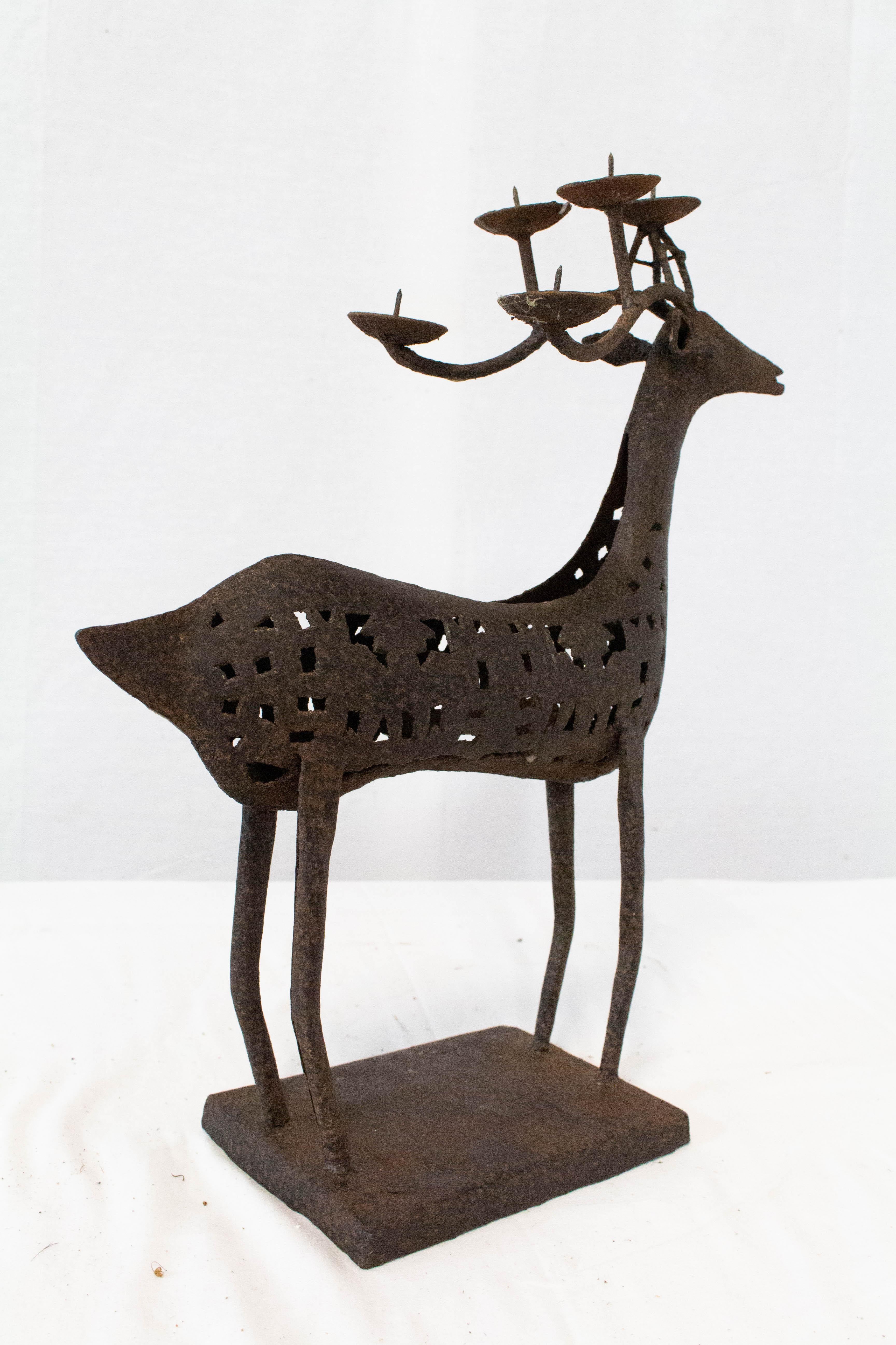 French Iron Candleholder Deer Christmas Gift or Decoration Midcentury In Good Condition For Sale In Labrit, Landes