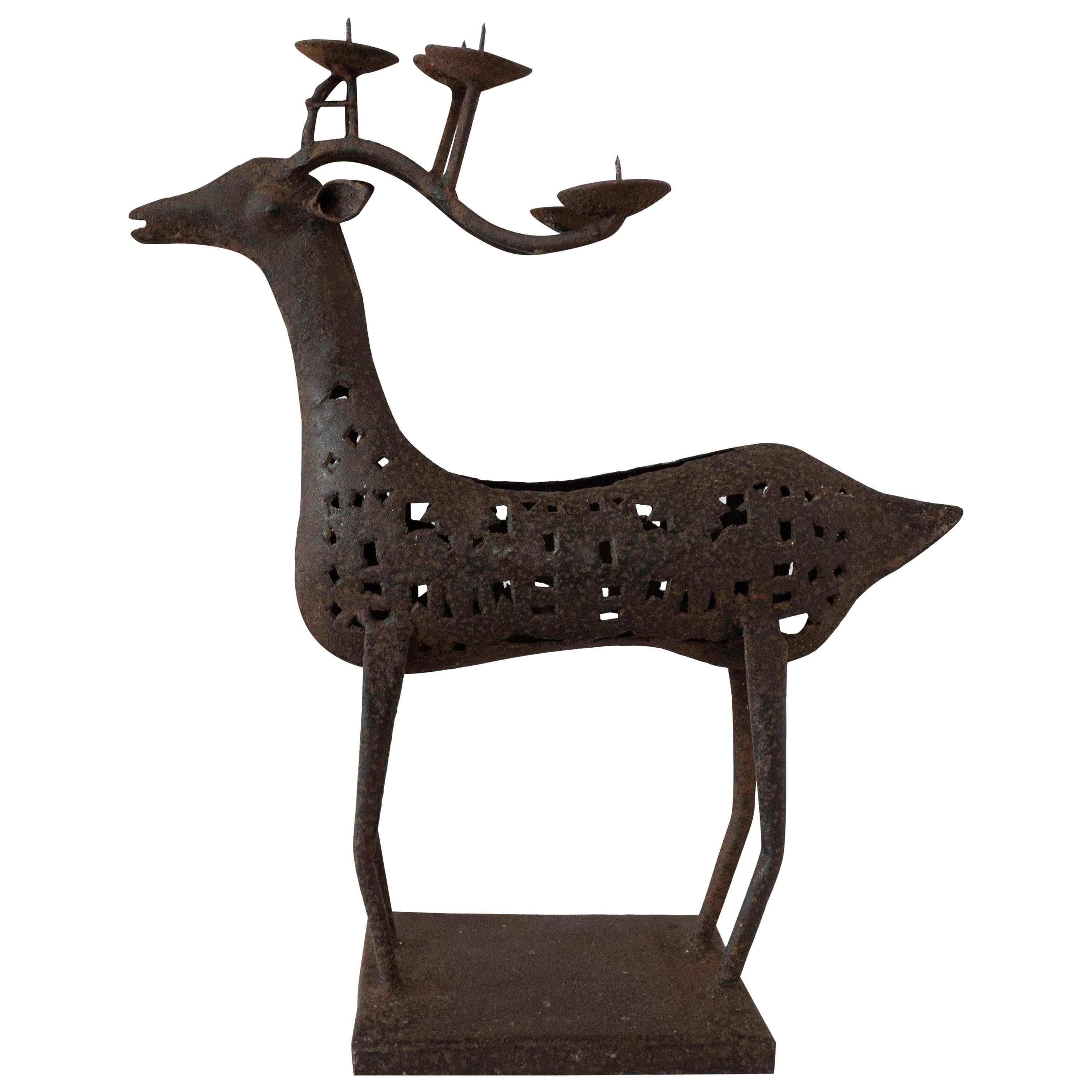 French Iron Candleholder Deer Christmas Gift or Decoration Midcentury