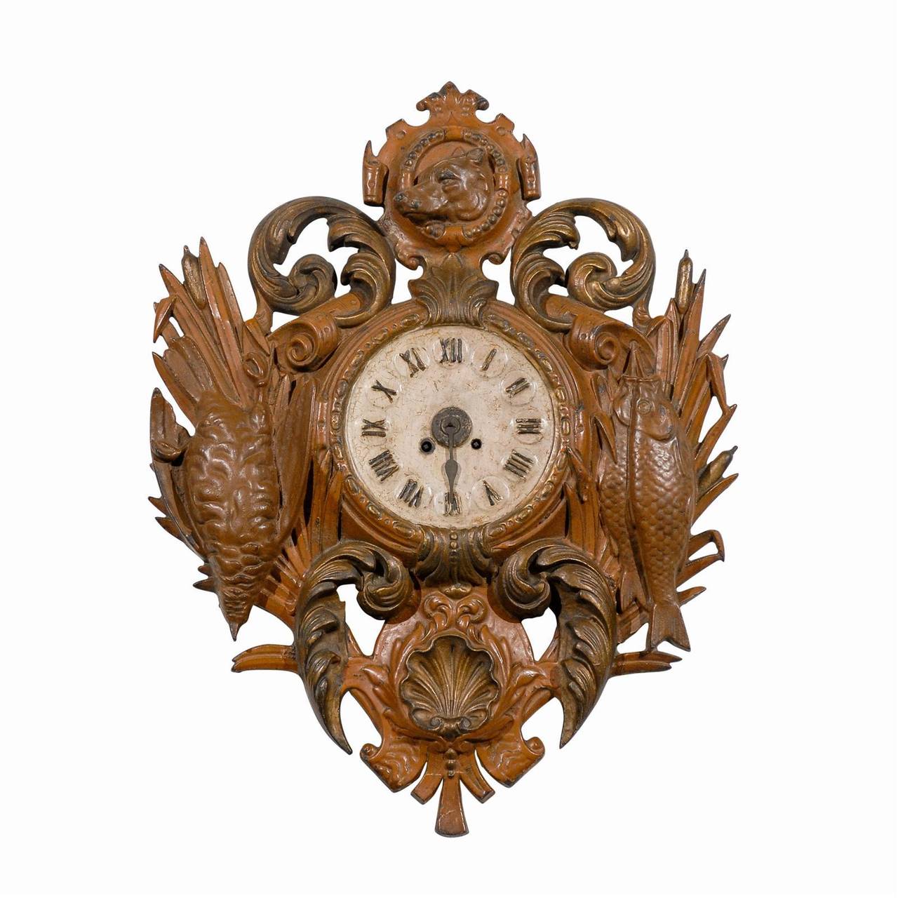 19th century painted French iron Cartel clock in the Black Forest style with fishing and hunting depictions. A quartz movement has been added.