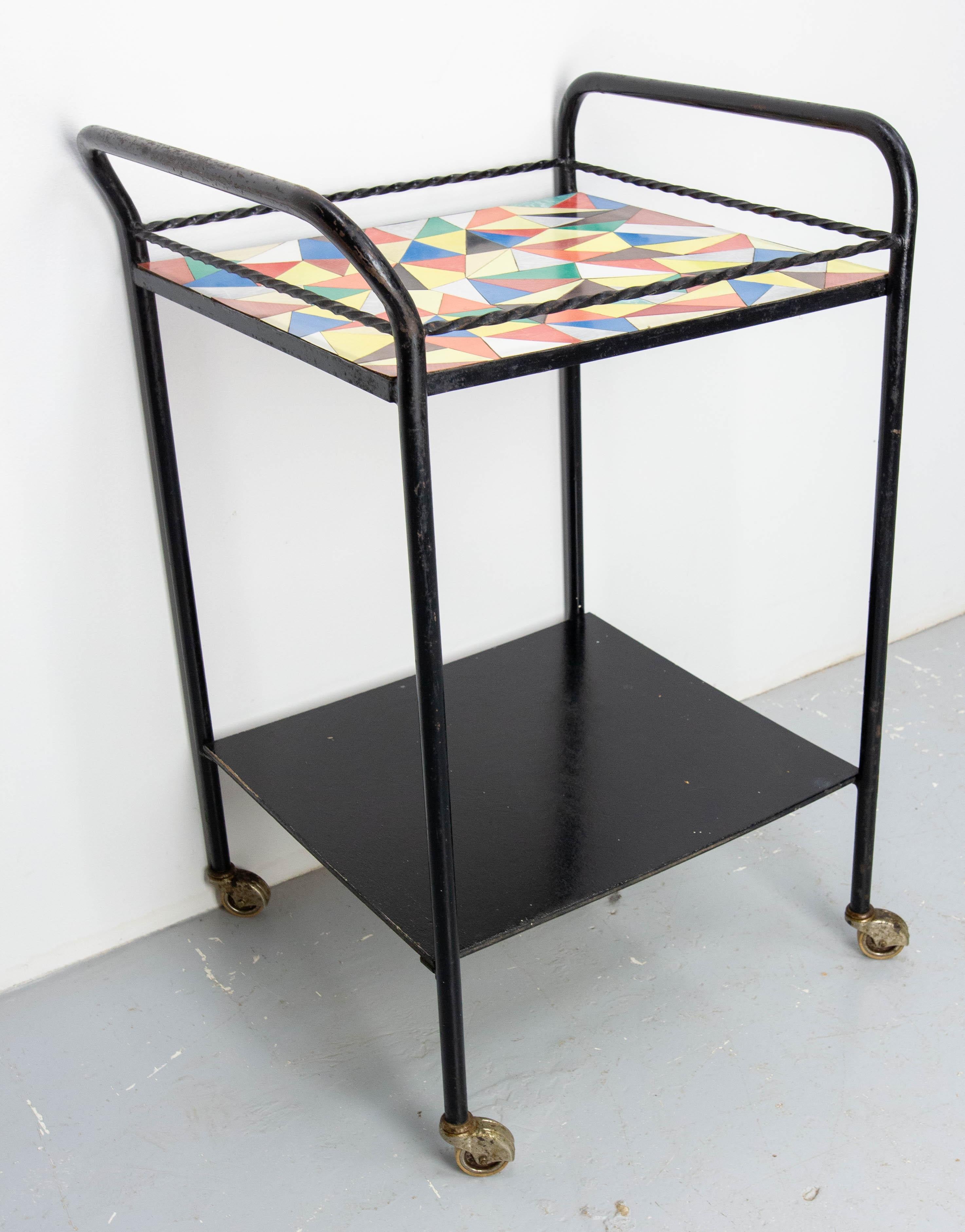Mid-Century Modern French Iron & Ceramic Table Trolley Console Desserte Side Table with Wheels 1960 For Sale