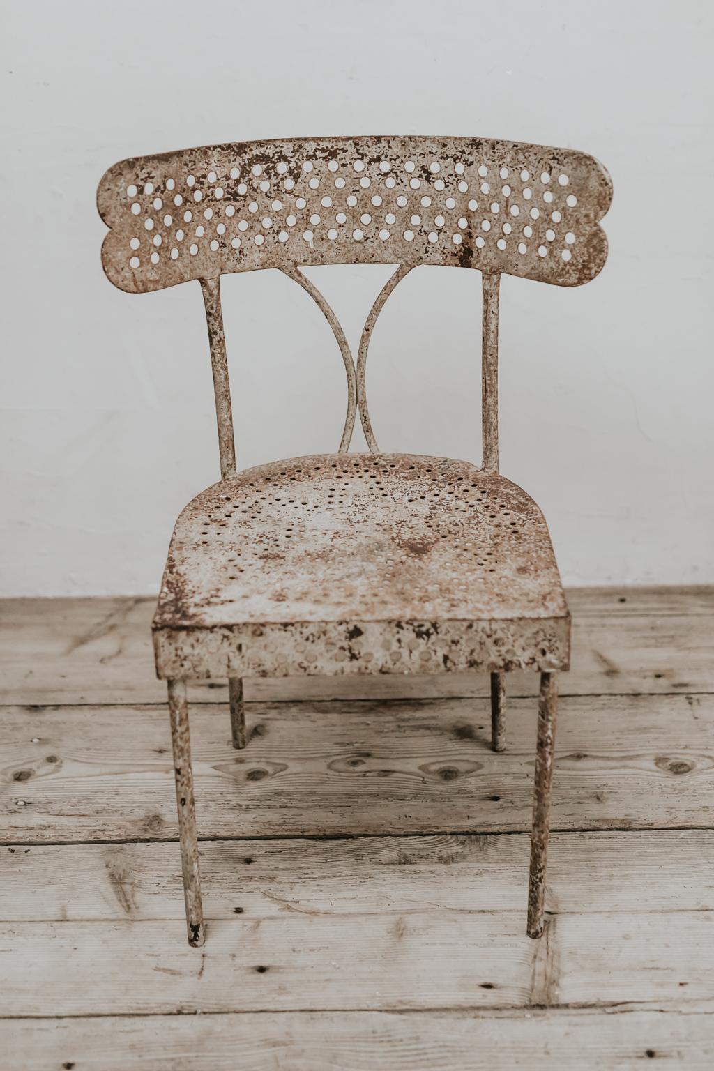 Painted French Iron Chair from the 1930s, Unusual Model, Great Patina For Sale