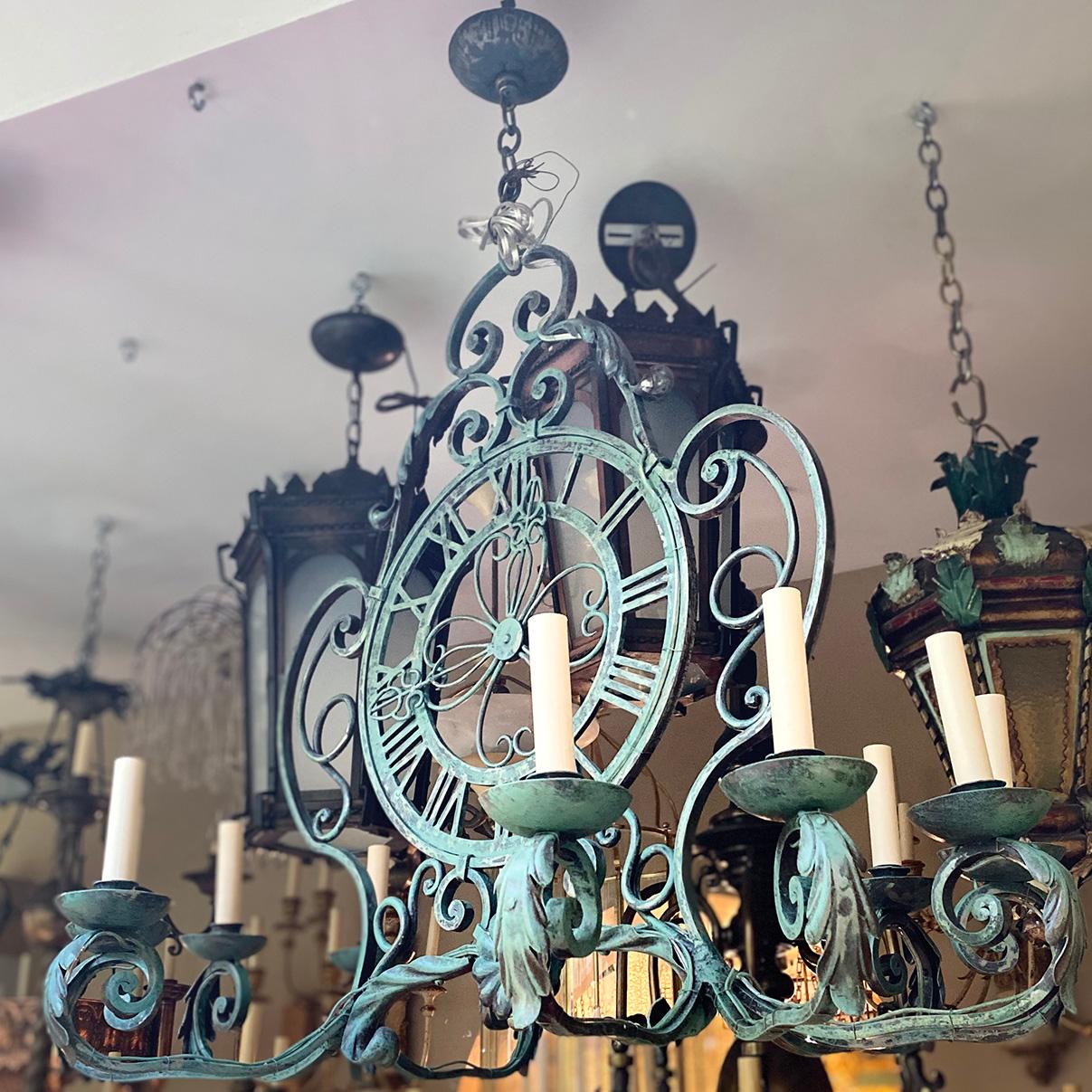Hammered French Iron Clock Chandelier For Sale