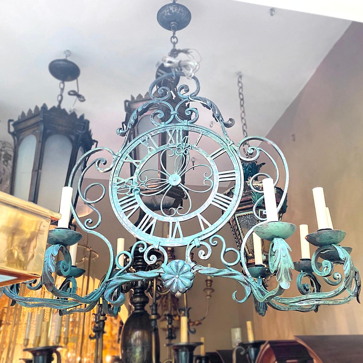 French Iron Clock Chandelier In Good Condition For Sale In New York, NY