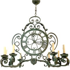 Vintage French Iron Clock Chandelier