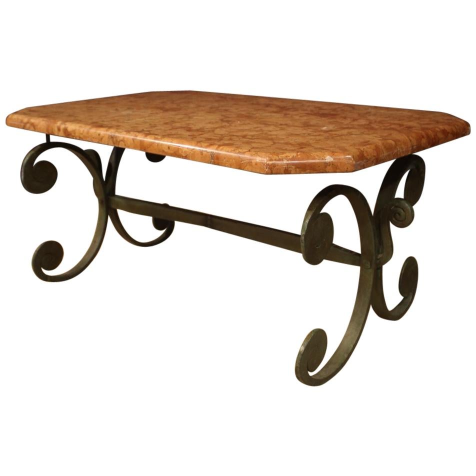 French Iron Coffee Table with Marble Top, 20th Century For Sale