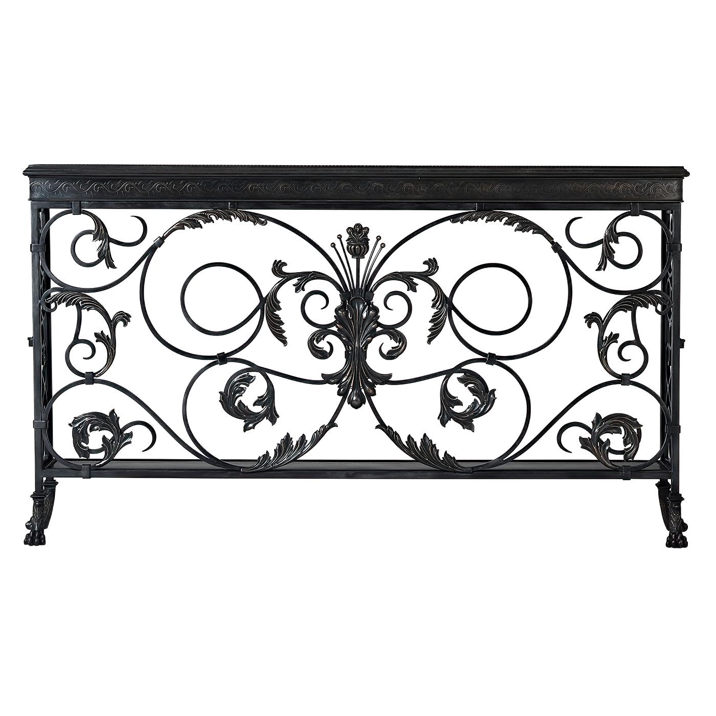 A French patinated brass and wrought iron console table, the brass engraved panel top and rectangular under tier with molded edges, above a Vitruvian scroll engraved frieze and open scrollwork, brass cast acanthus leaf applied to front and hinged