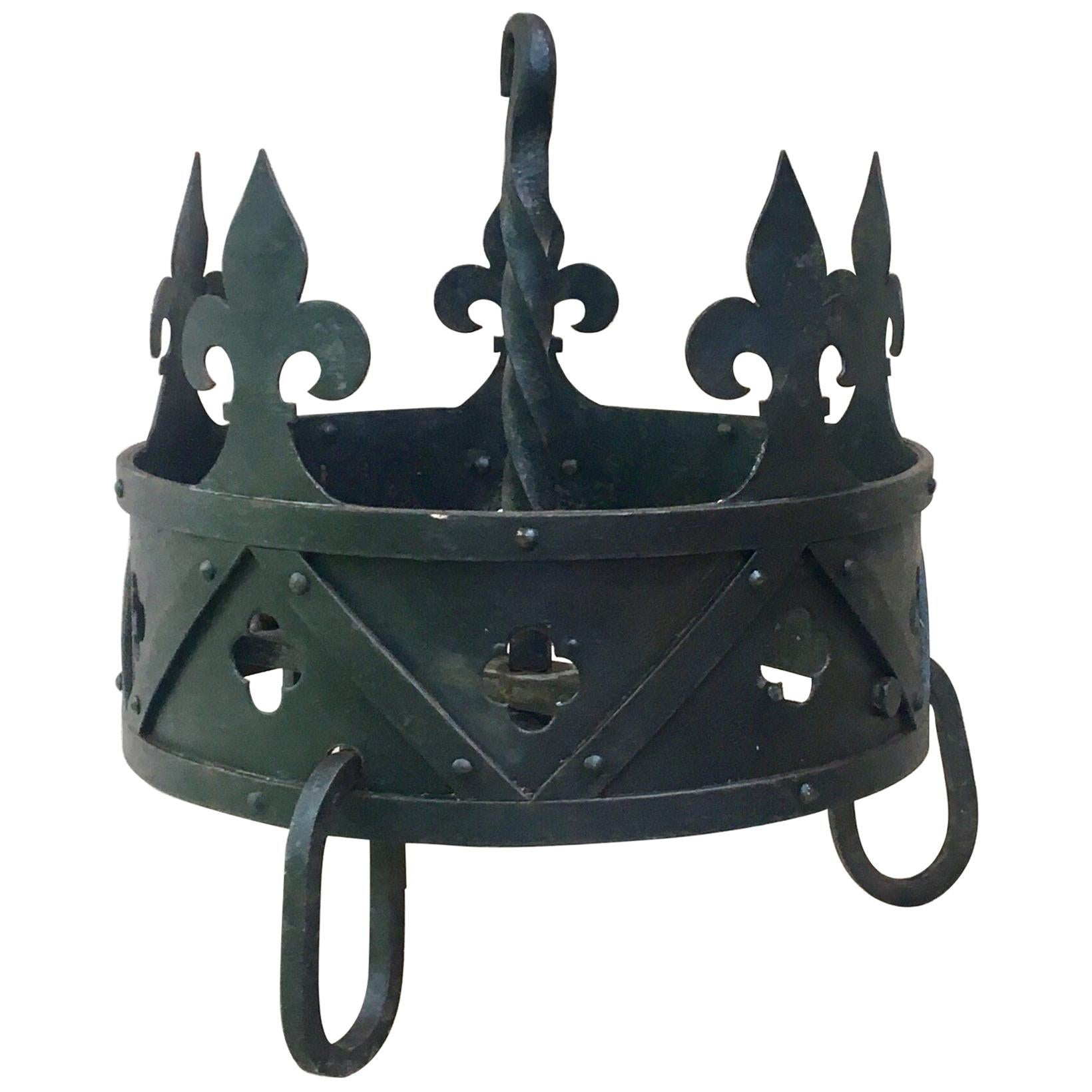 French Iron Crown Fleur-de-lis Pot Rack, circa 1930 For Sale