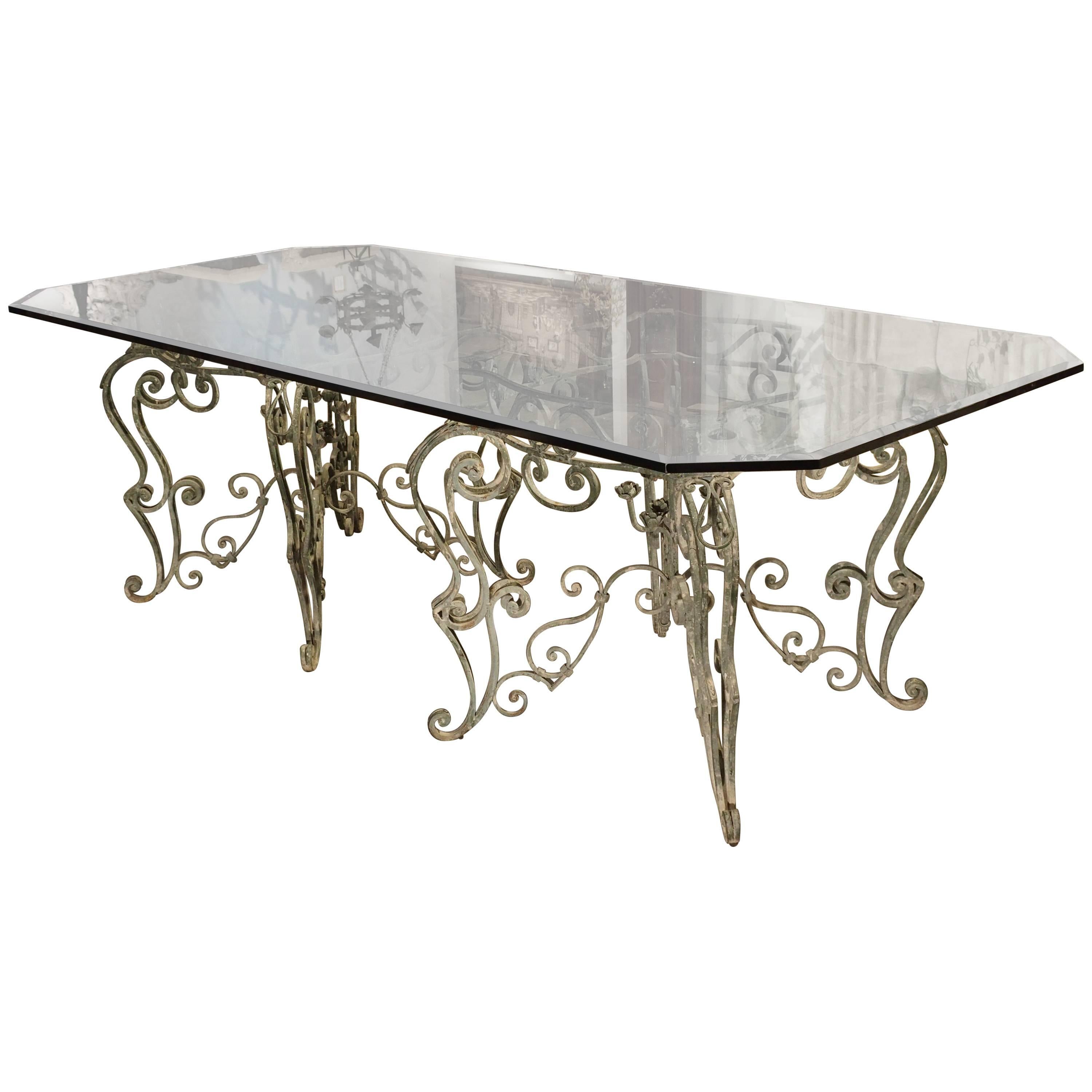 French Iron Dining Table with Glass Top