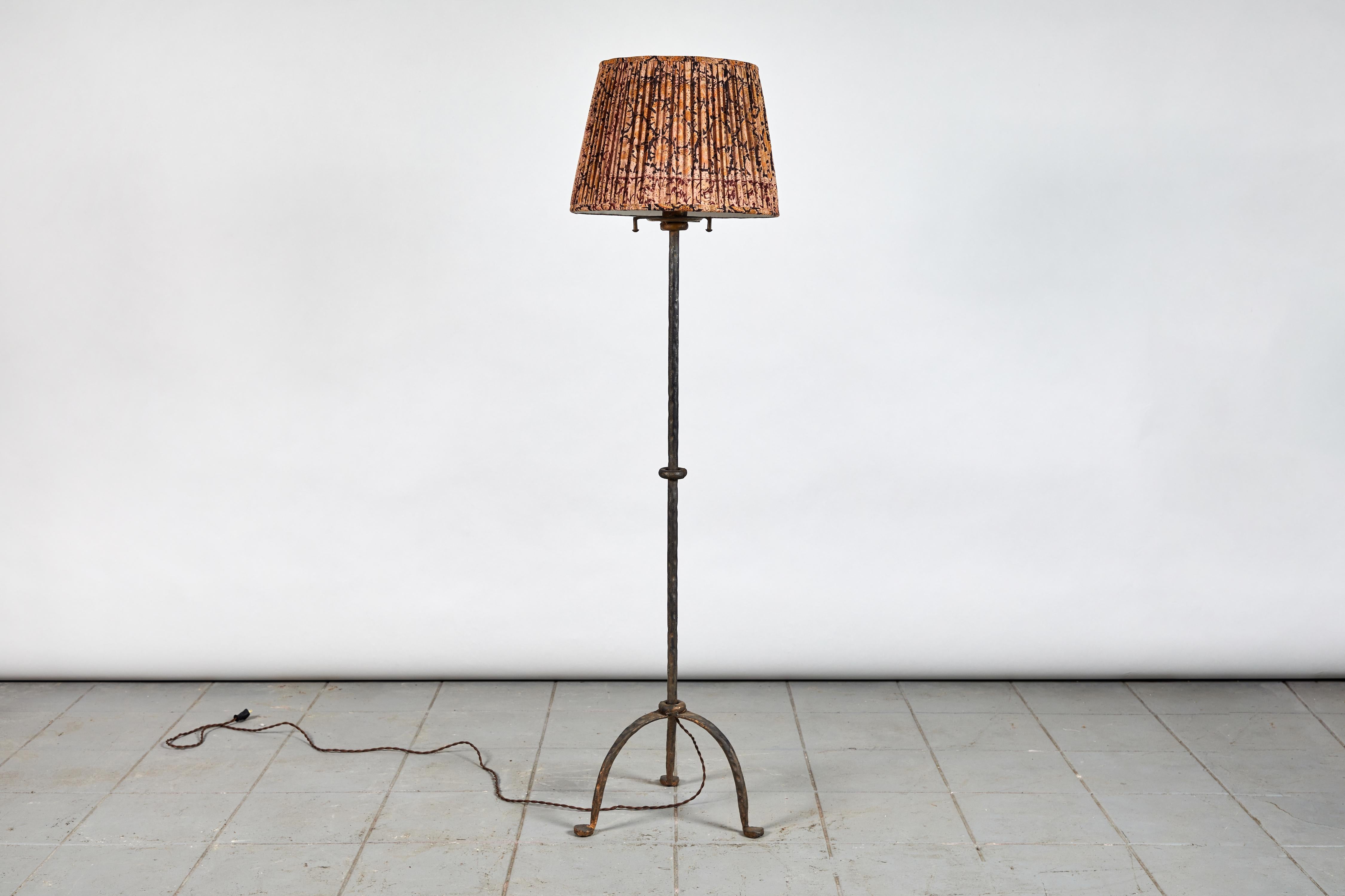 20th Century French Iron Floor Lamp with Shirred Lampshade