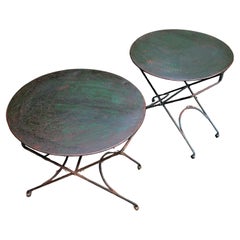 French Iron Folding Garden Side Tables a Pair with Brass Ball Feet