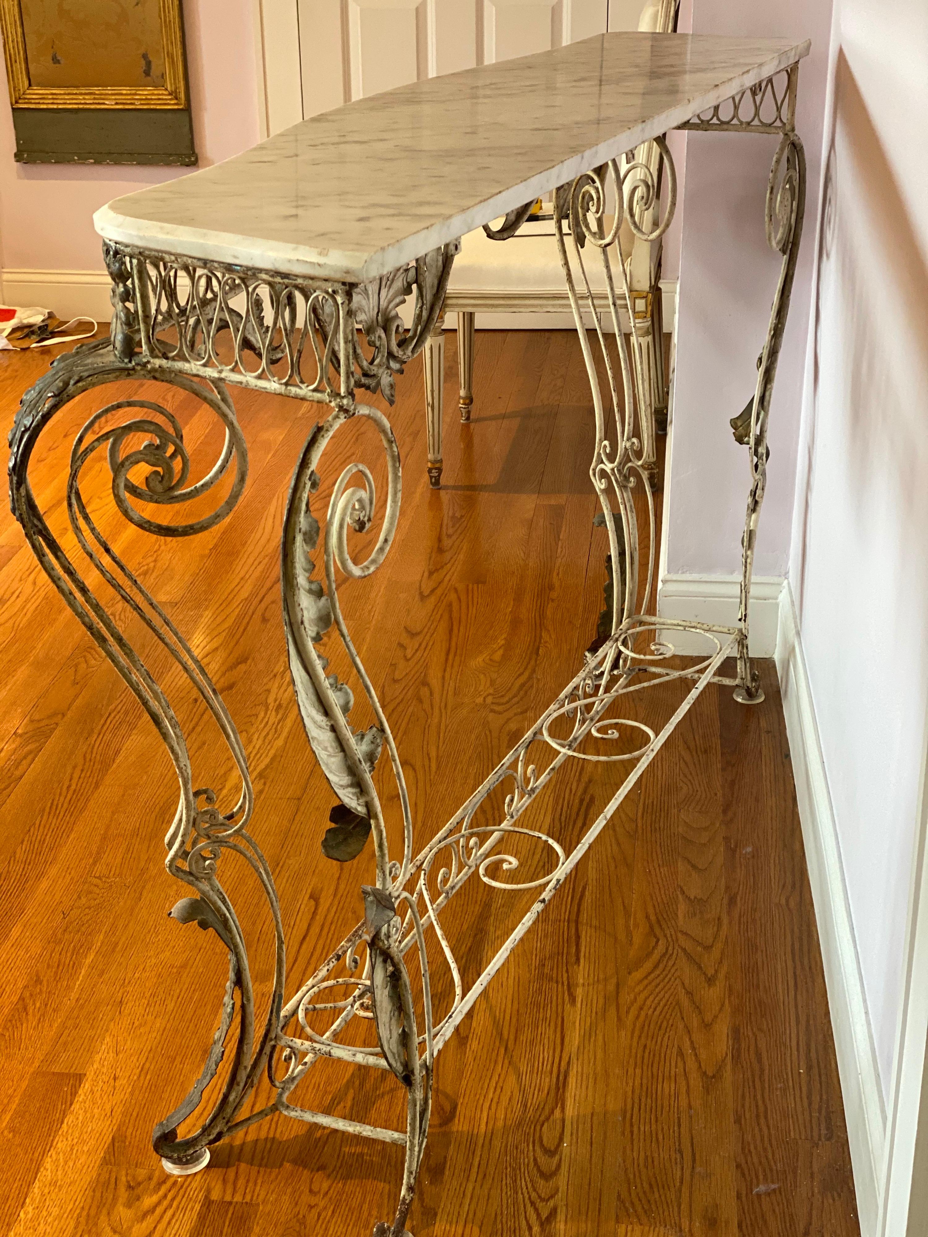 French Iron & Gilded Louis XV Style White Painted Console with Marble Top For Sale 6
