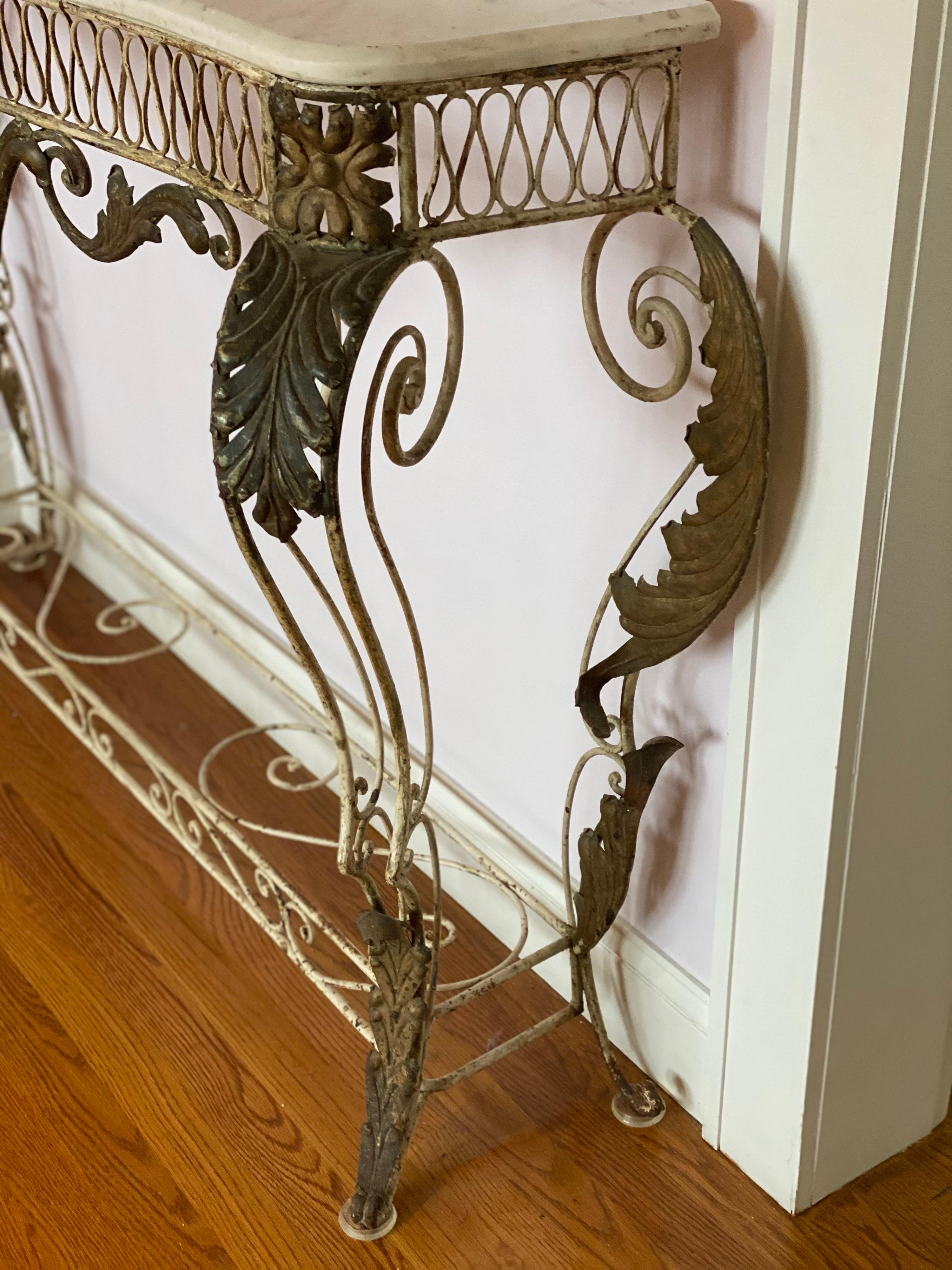 French Iron & Gilded Louis XV Style White Painted Console with Marble Top In Good Condition In Southampton, NY