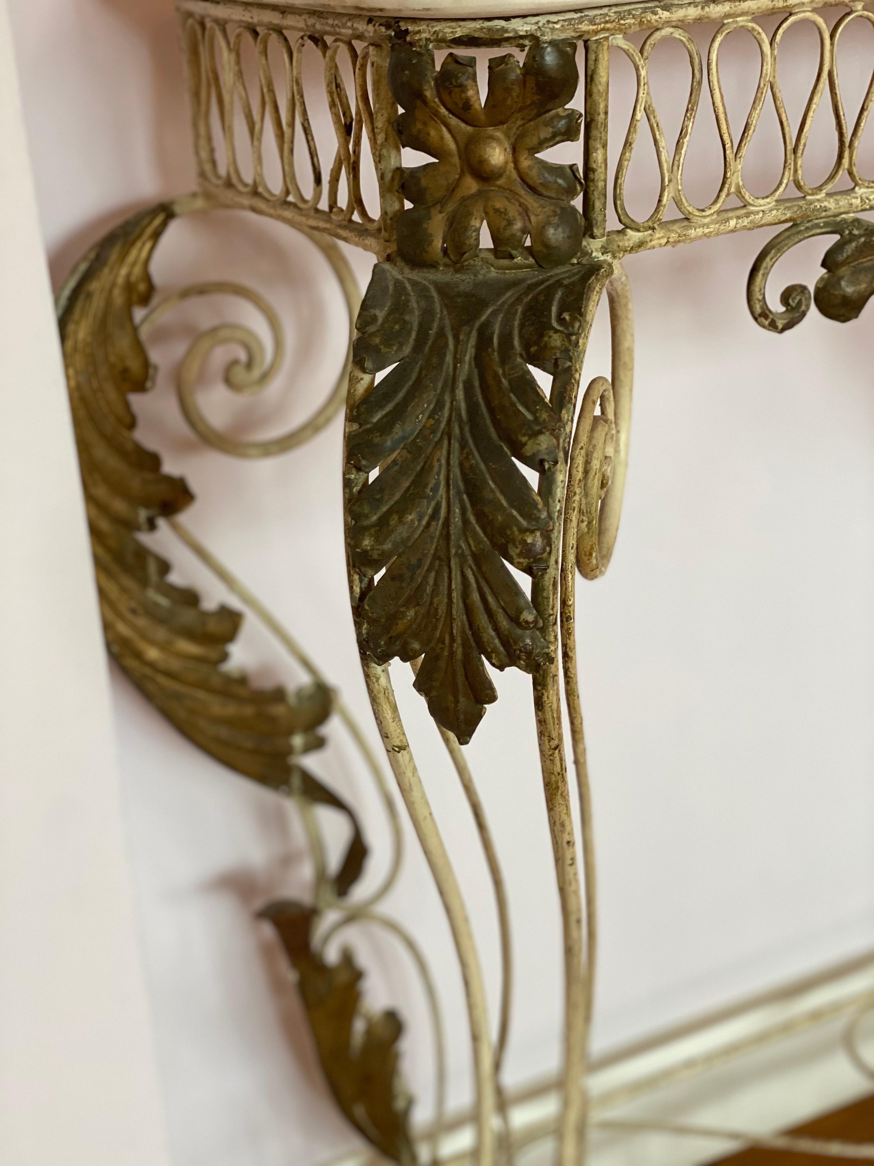 French Iron & Gilded Louis XV Style White Painted Console with Marble Top For Sale 2