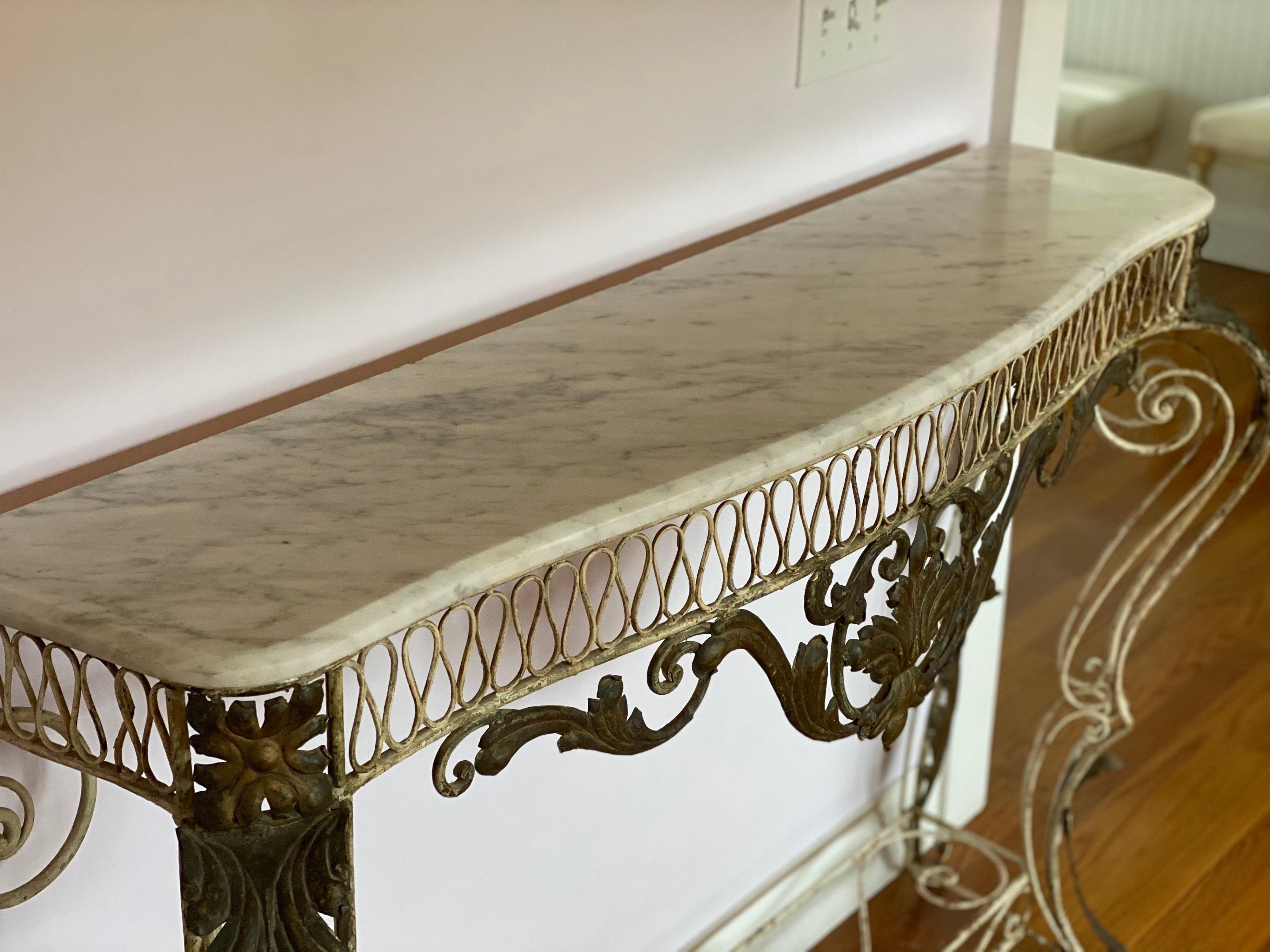 French Iron & Gilded Louis XV Style White Painted Console with Marble Top 3