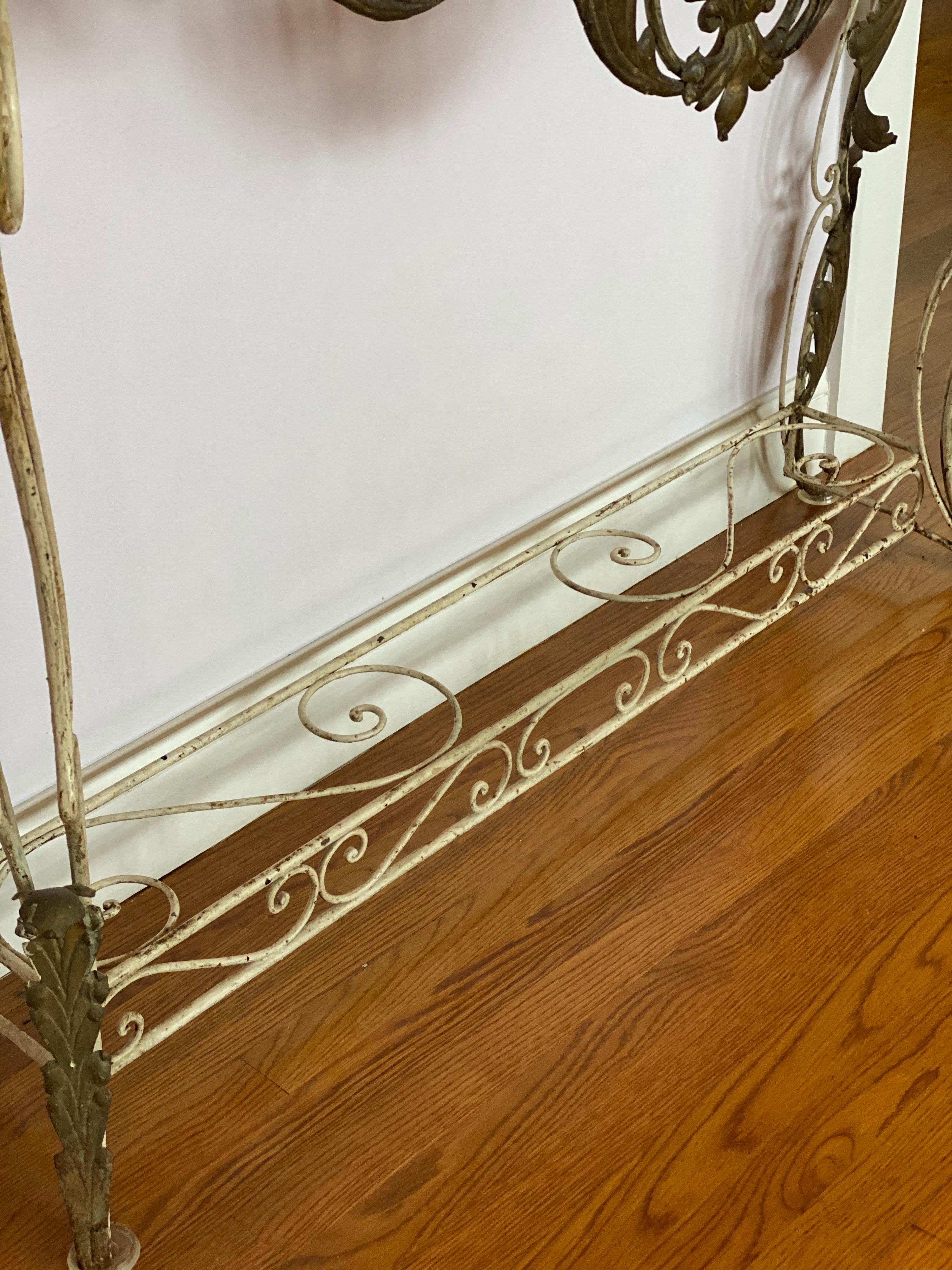 French Iron & Gilded Louis XV Style White Painted Console with Marble Top For Sale 5