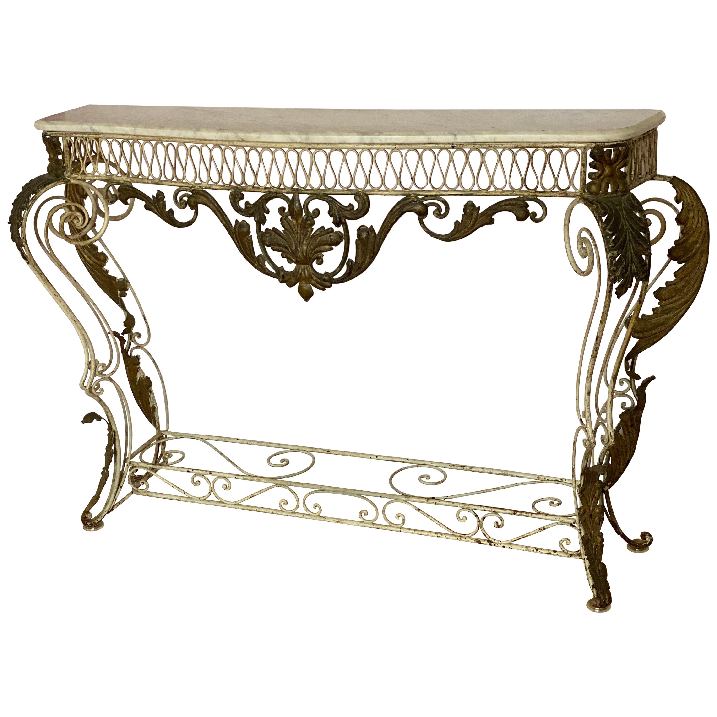 French Iron & Gilded Louis XV Style White Painted Console with Marble Top For Sale