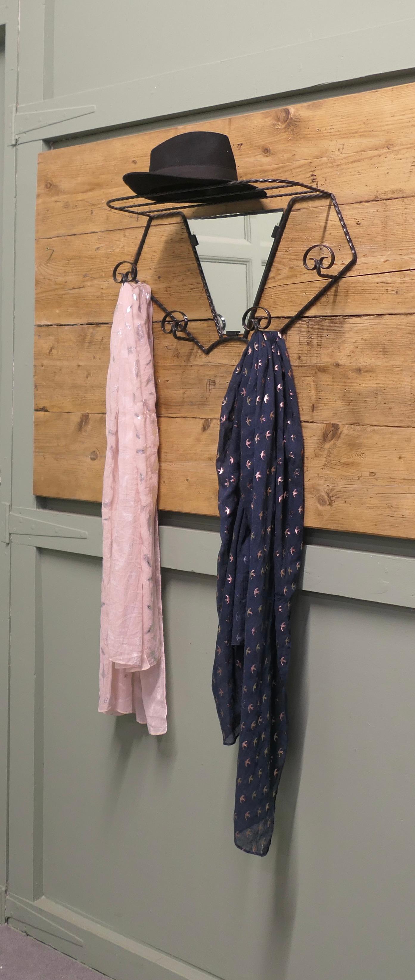 Mid-Century Modern French Iron Hat and Coat Rack with Shelf & Mirror For Sale