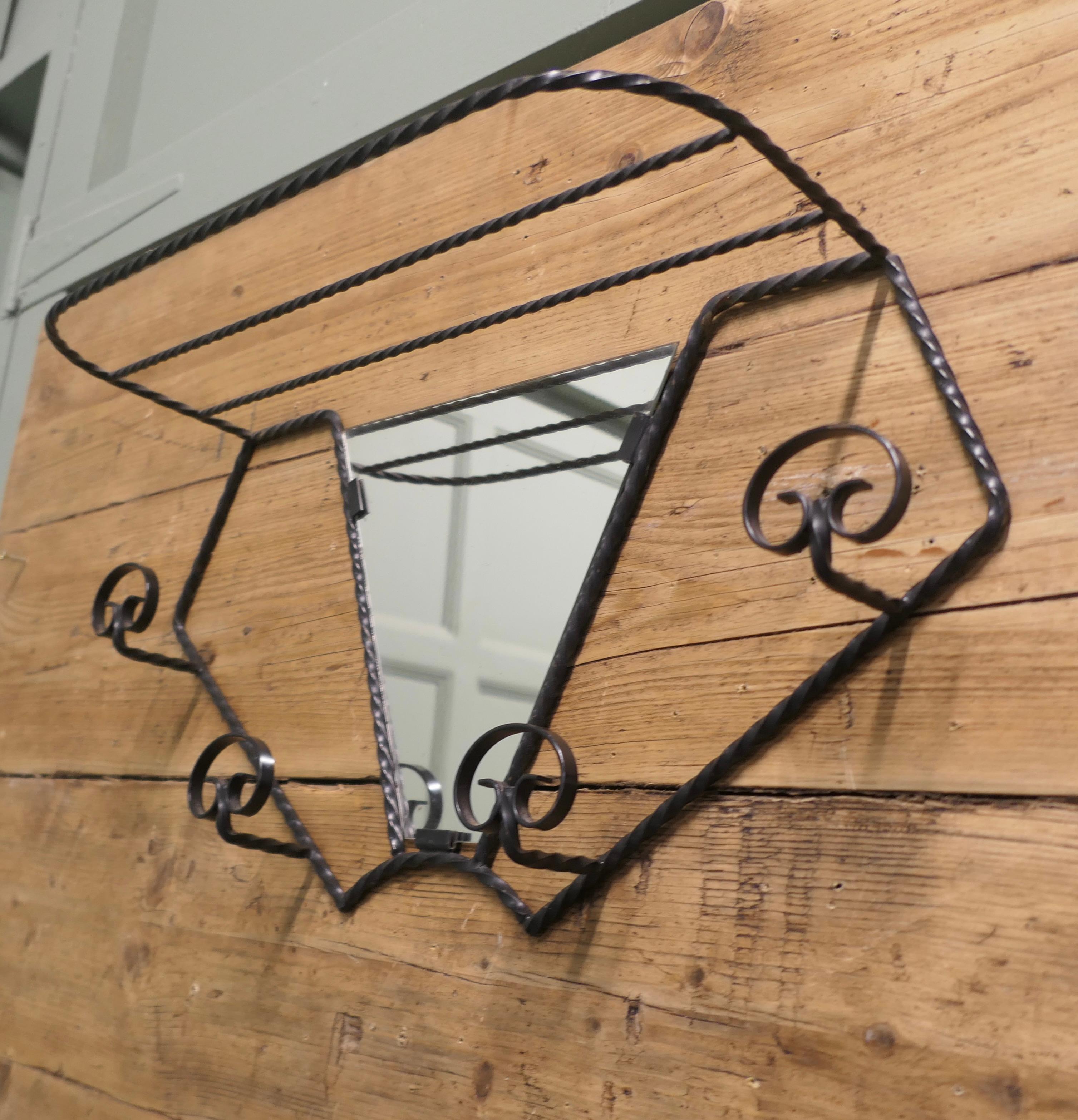 Mid-20th Century French Iron Hat and Coat Rack with Shelf & Mirror For Sale