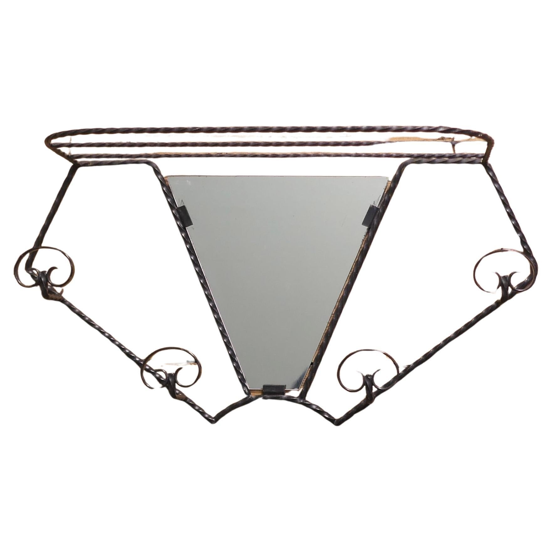 French Iron Hat and Coat Rack with Shelf & Mirror For Sale
