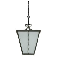French Iron Lantern Pendant with Textured Glass, 1950s