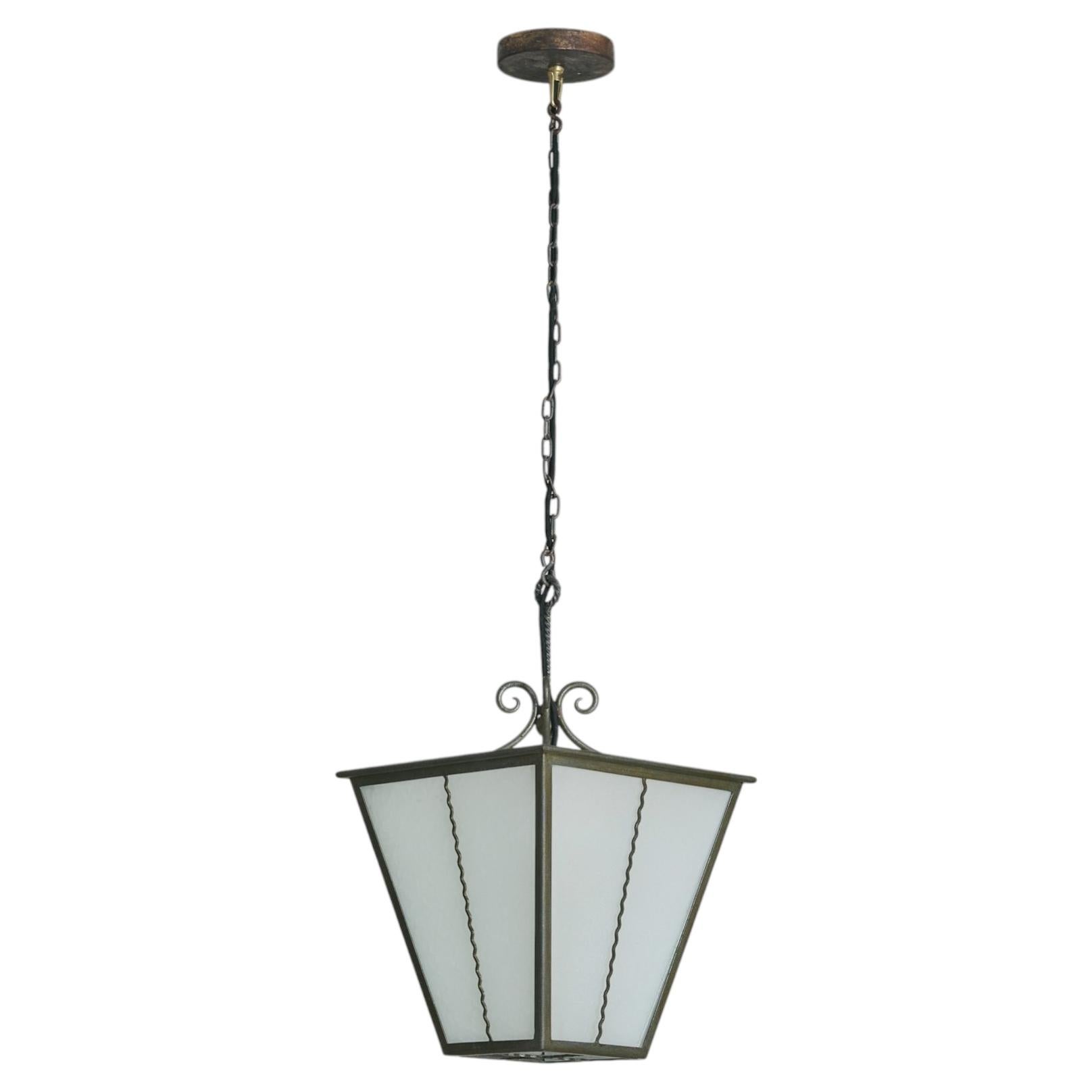 French Iron Lantern Pendant with Textured Glass, 1950s