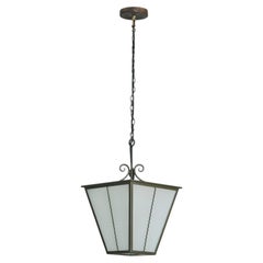 French Iron Lantern Pendant with Textured Glass, 1950s