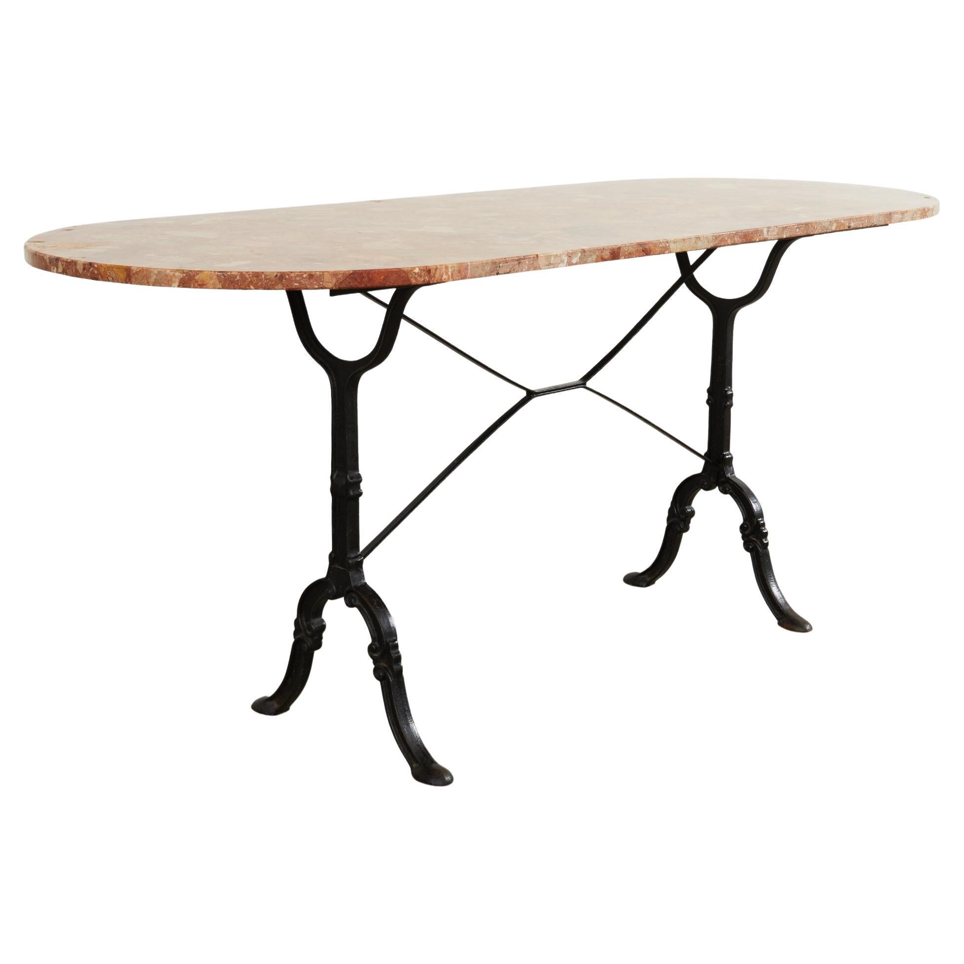 Table de salle à manger ou console de jardin en fer français avec plateau en marbre