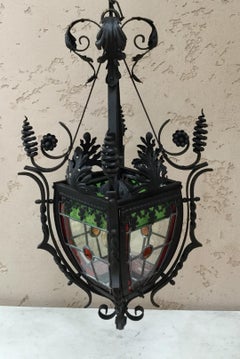 French Iron Neo-Gothic Lantern with Stained Glass, circa 1880