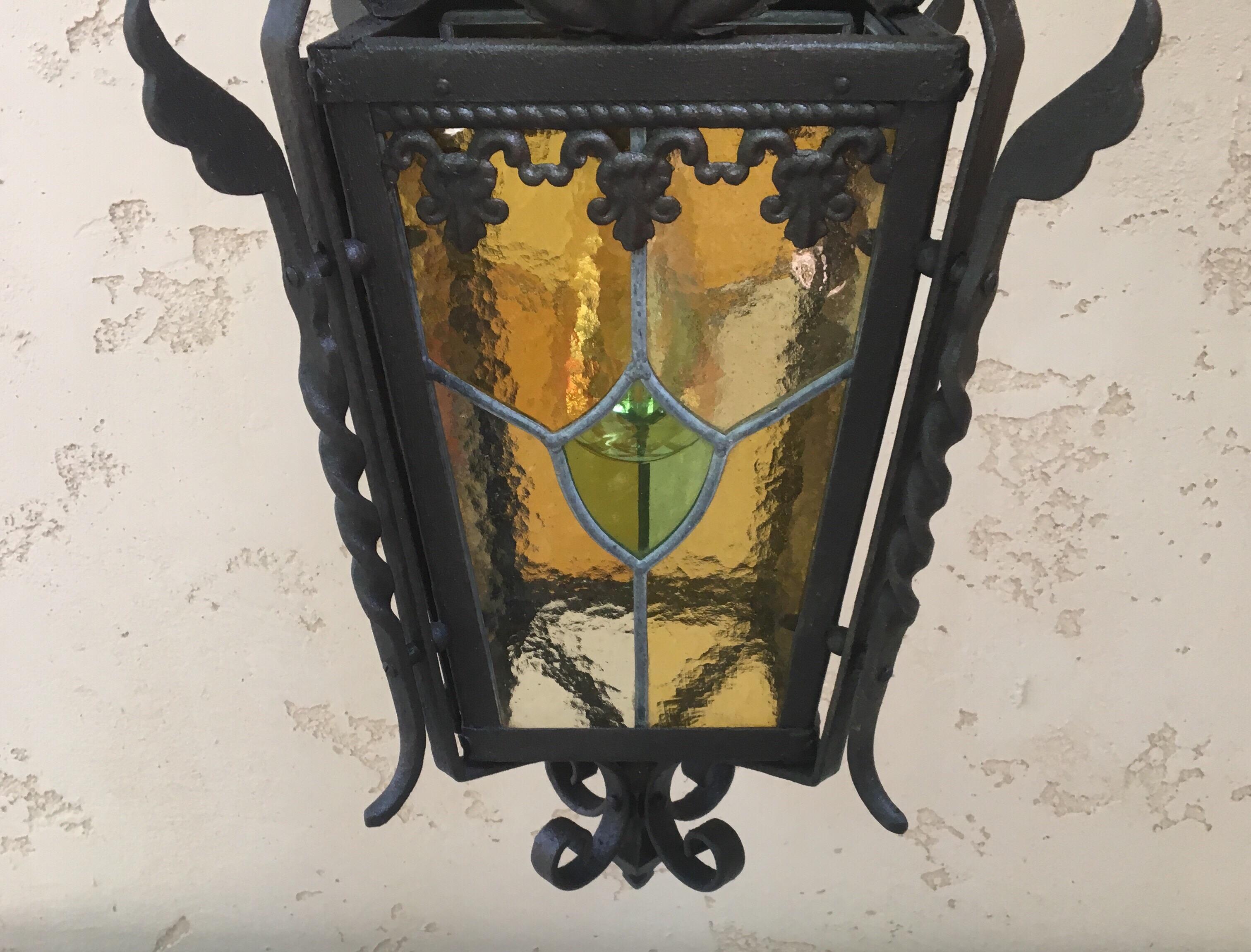 Gothic Revival French Iron Neo-Gothic Lantern with Stained Glass, circa 1880 For Sale