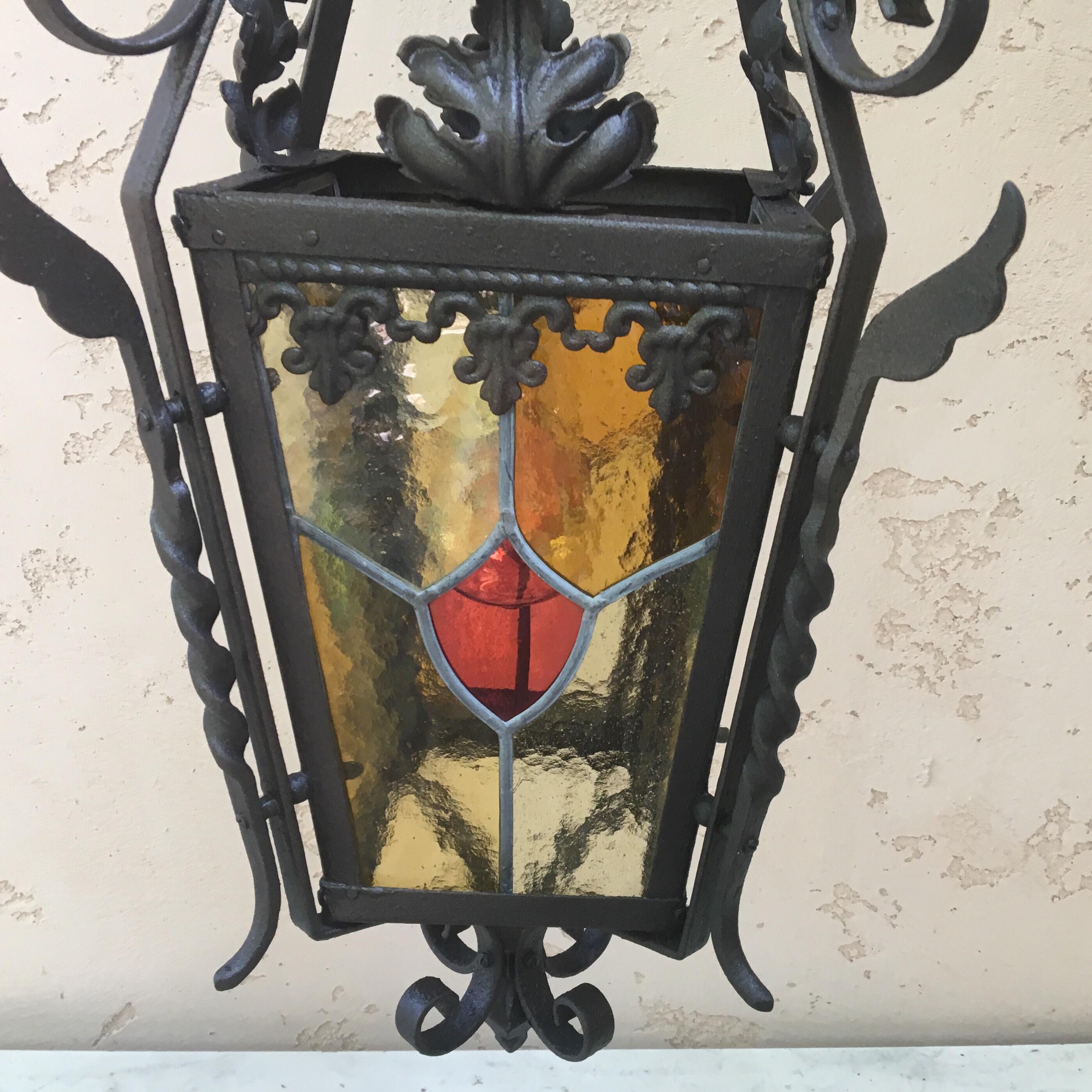French Iron Neo-Gothic Lantern with Stained Glass, circa 1880 In Good Condition For Sale In Austin, TX
