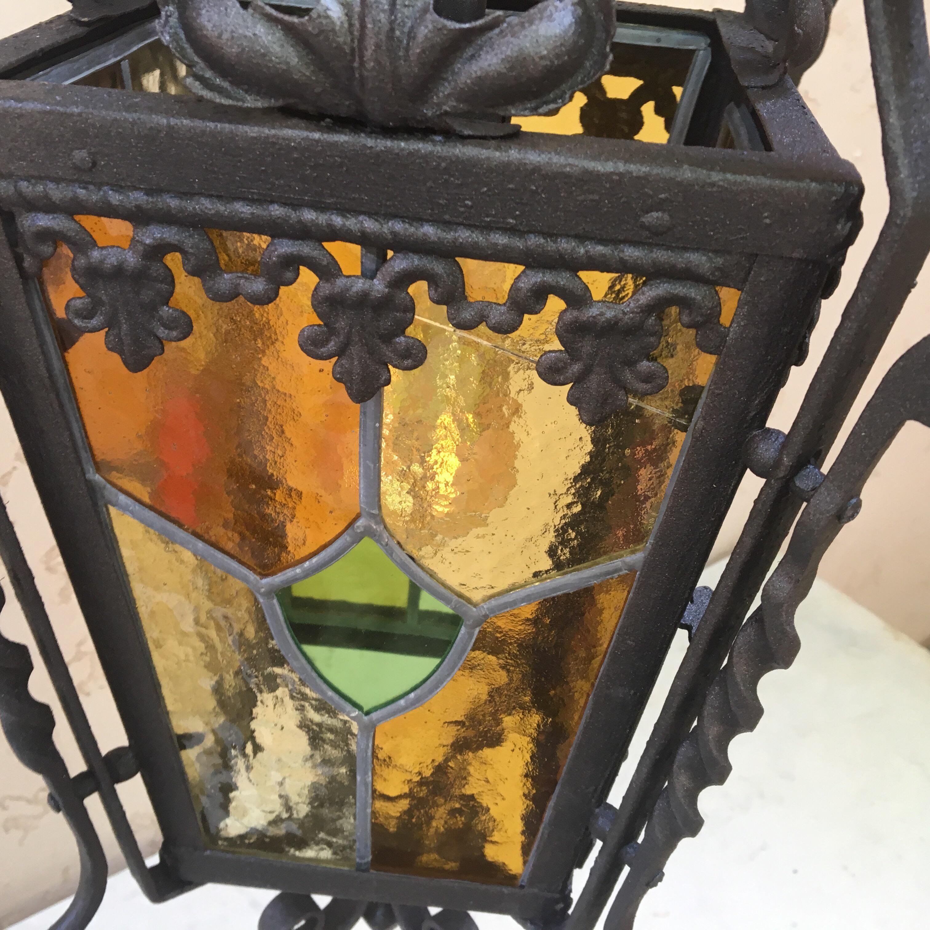 Late 19th Century French Iron Neo-Gothic Lantern with Stained Glass, circa 1880 For Sale