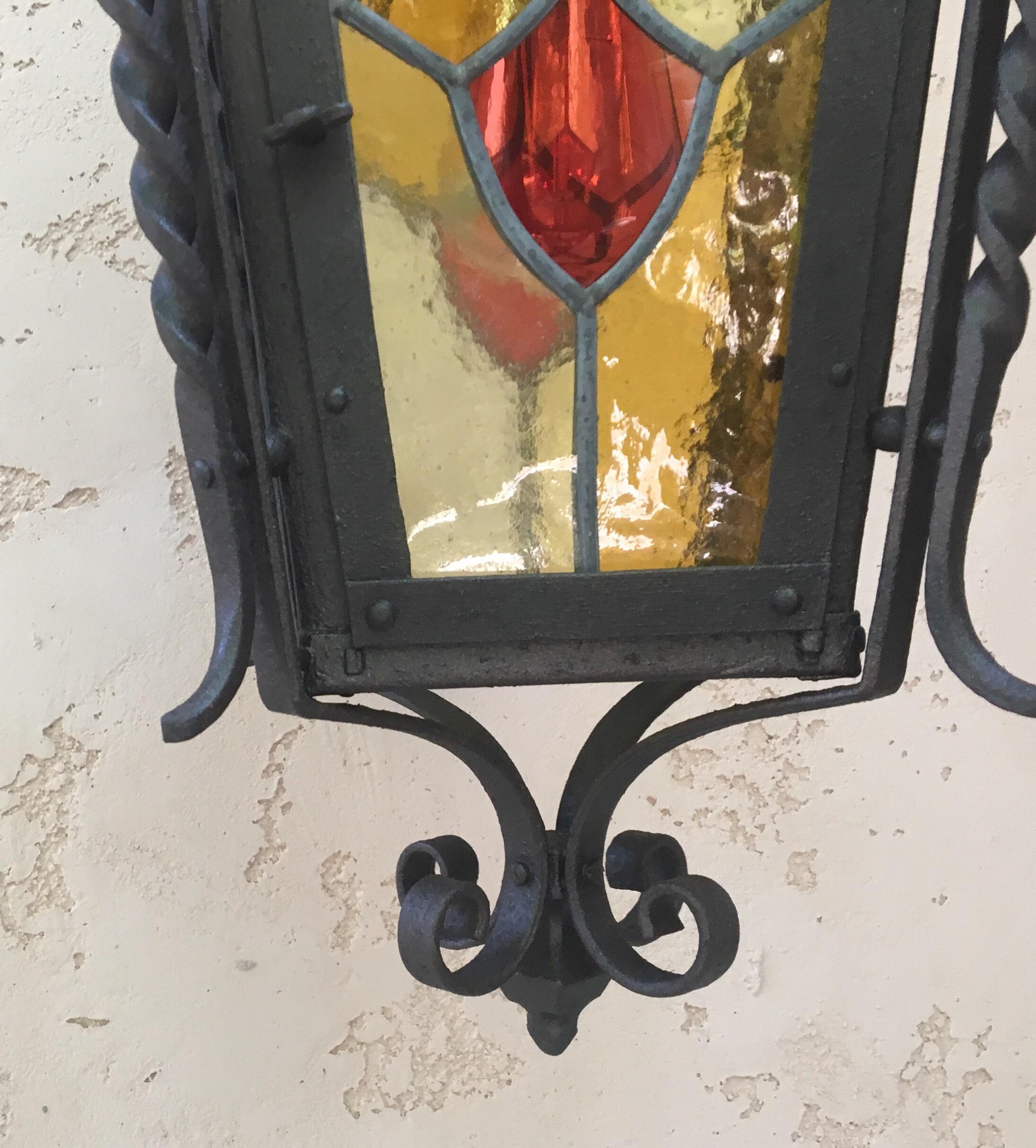 French Iron Neo-Gothic Lantern with Stained Glass, circa 1880 For Sale 1
