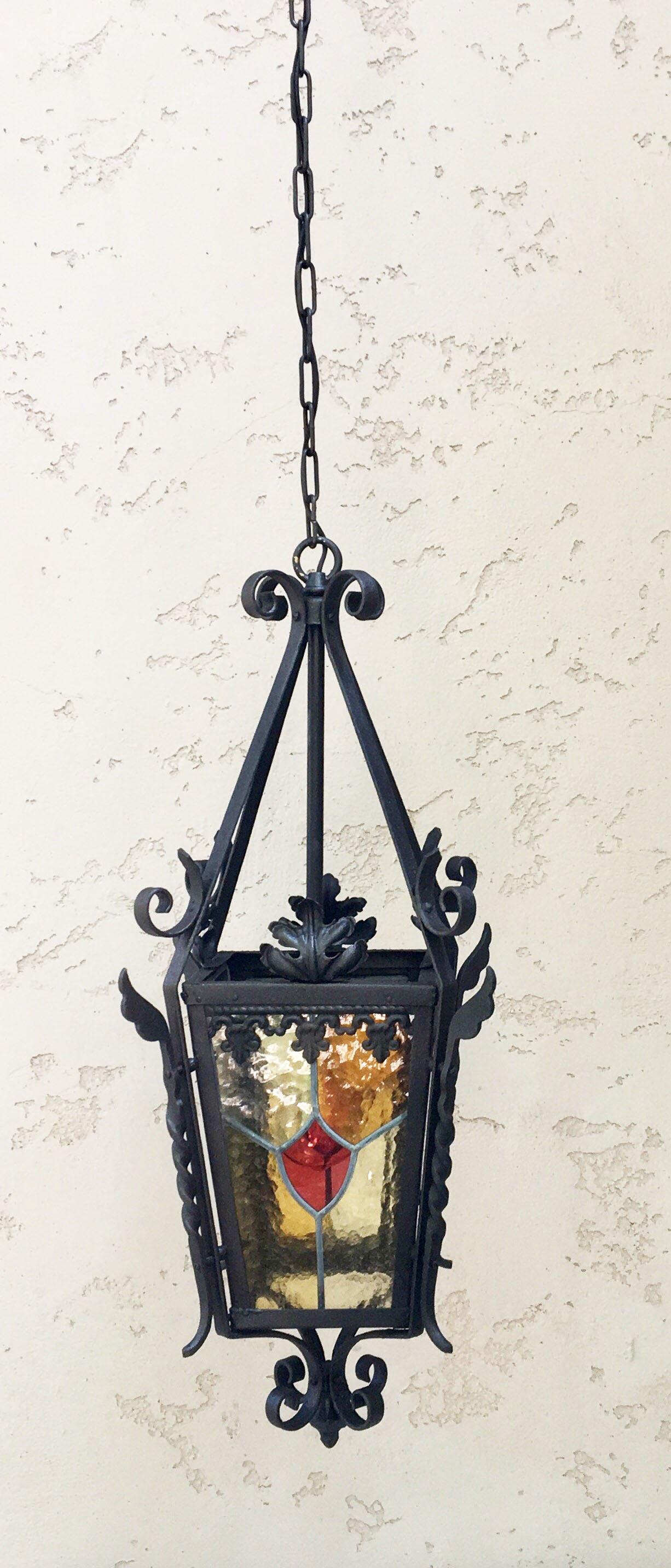 French Iron Neo-Gothic Lantern with Stained Glass, circa 1880 For Sale 2