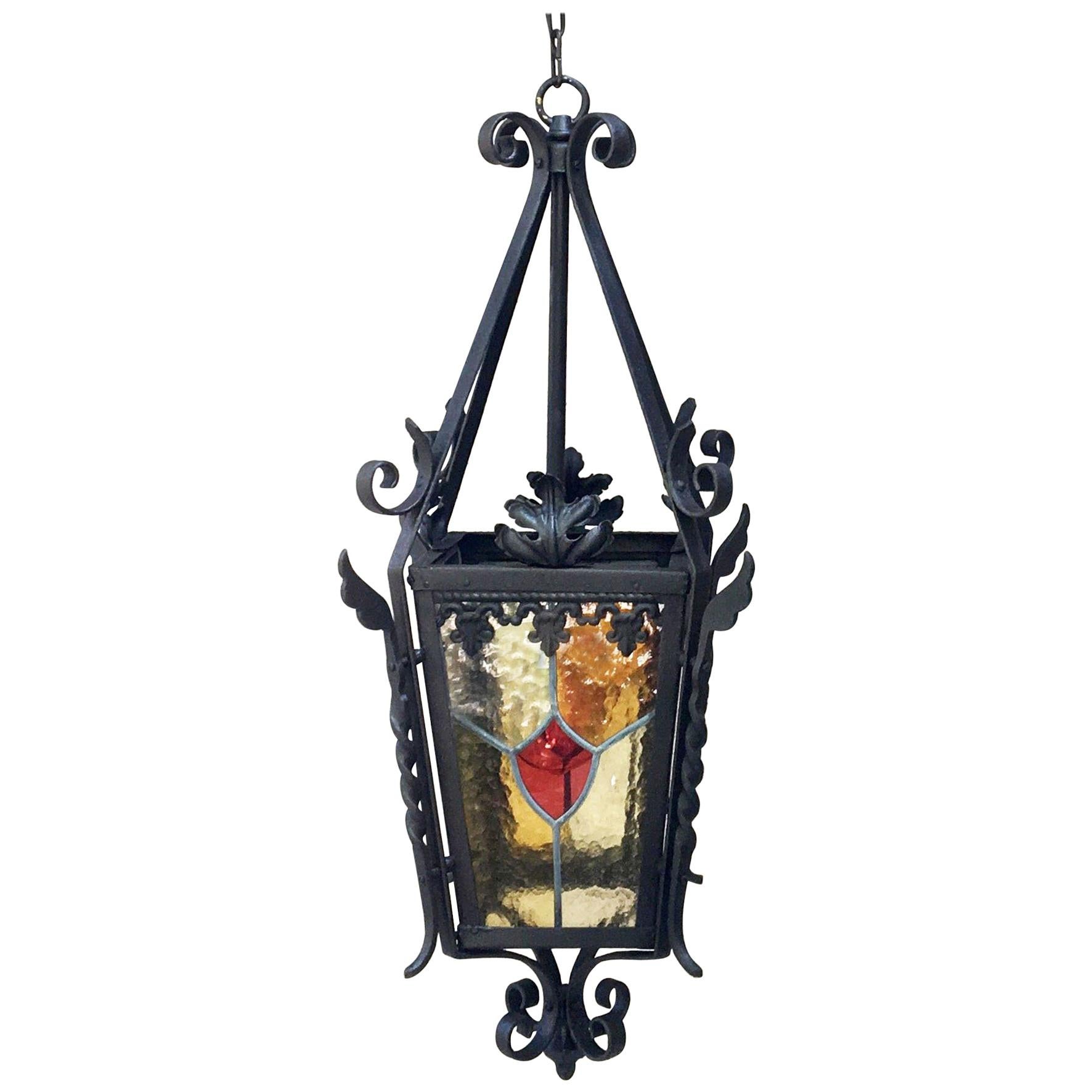 French Iron Neo-Gothic Lantern with Stained Glass, circa 1880 For Sale