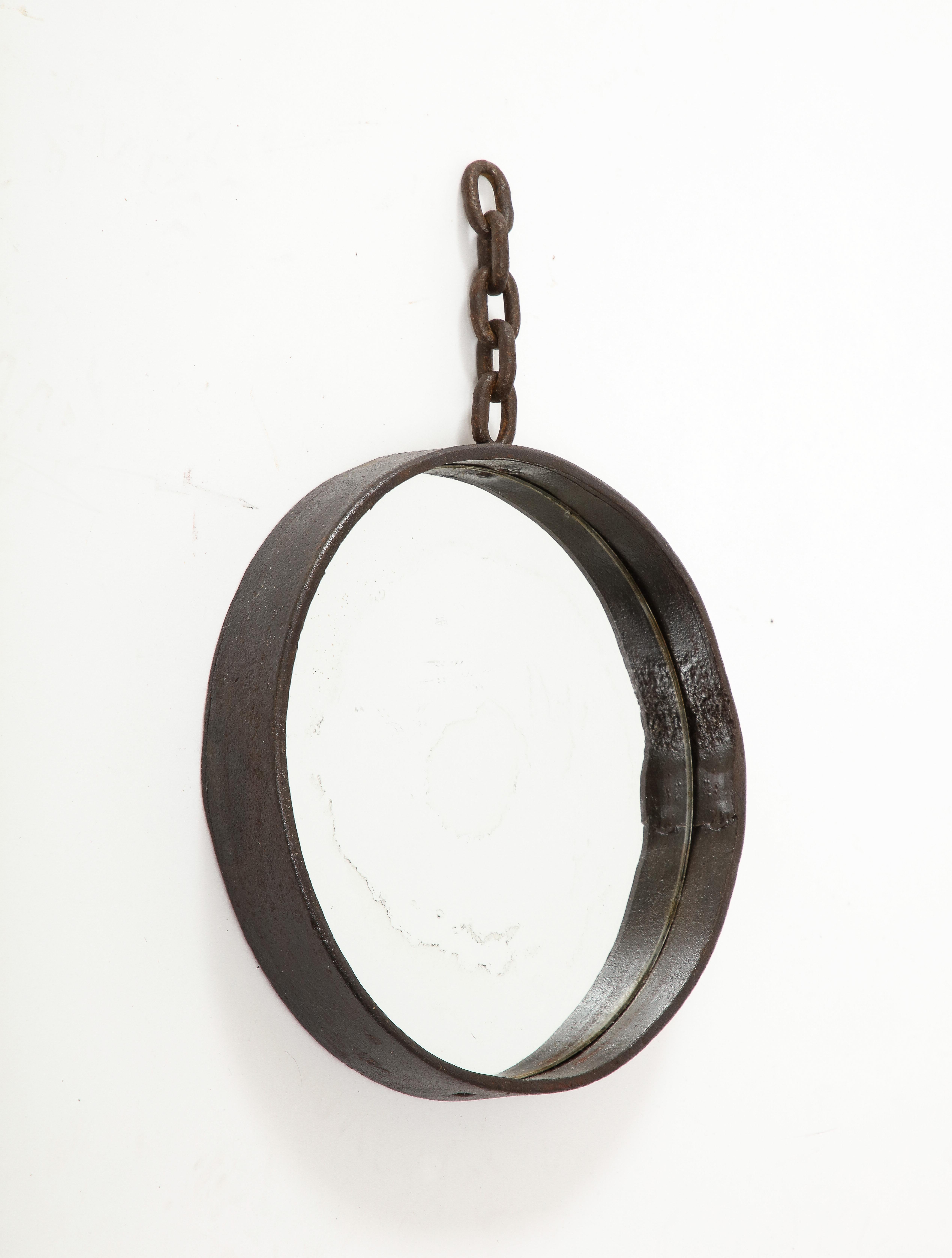 Handmade Iron Mirror with Old Glass and Hanging chain.
Mirror is actually 12.25 high without chain