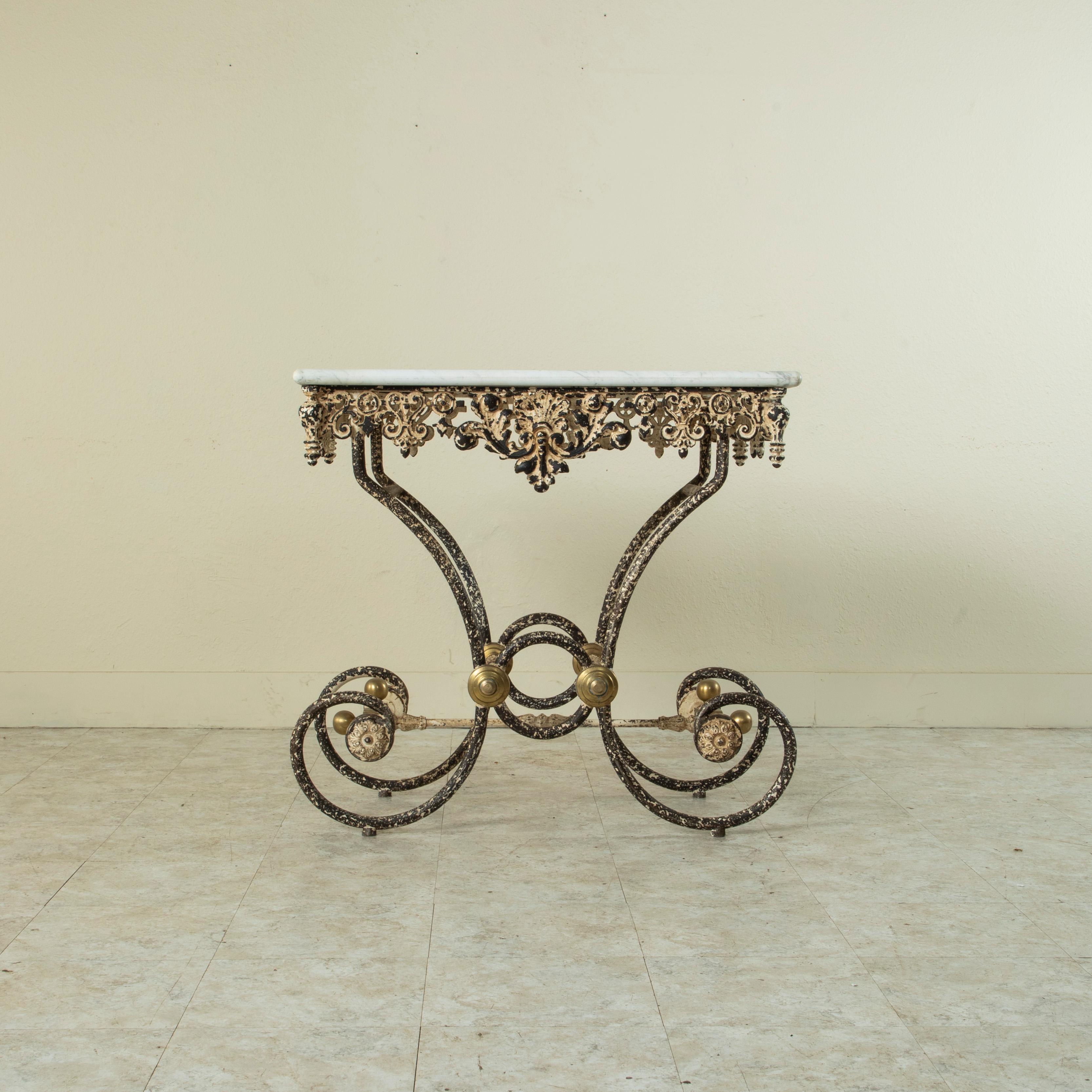 Cast French Iron Pastry Table with Marble Top and Bronze Detailing