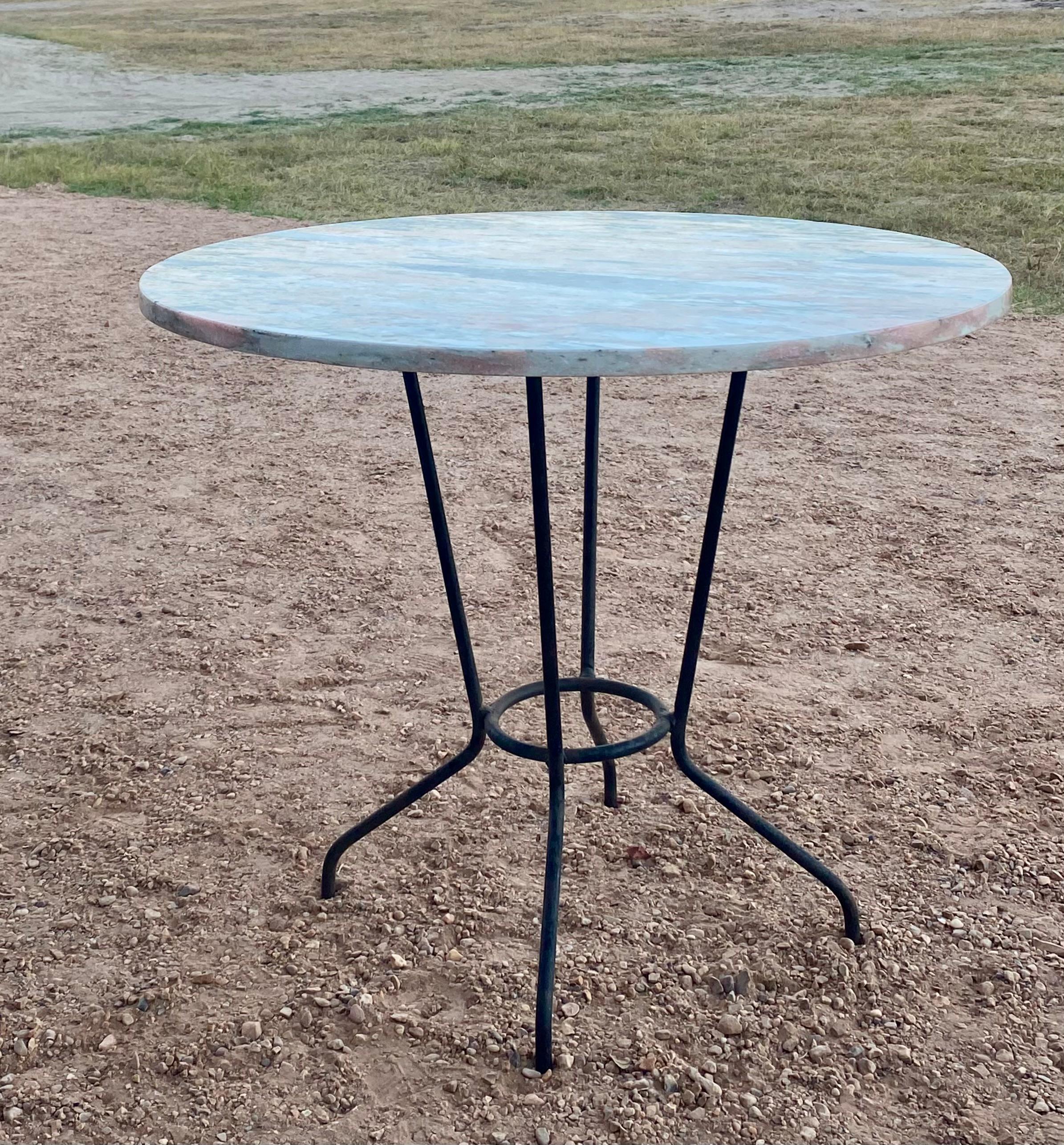Mid-Century Modern French Iron + Pink Marble Round Patio or Dining Table For Sale