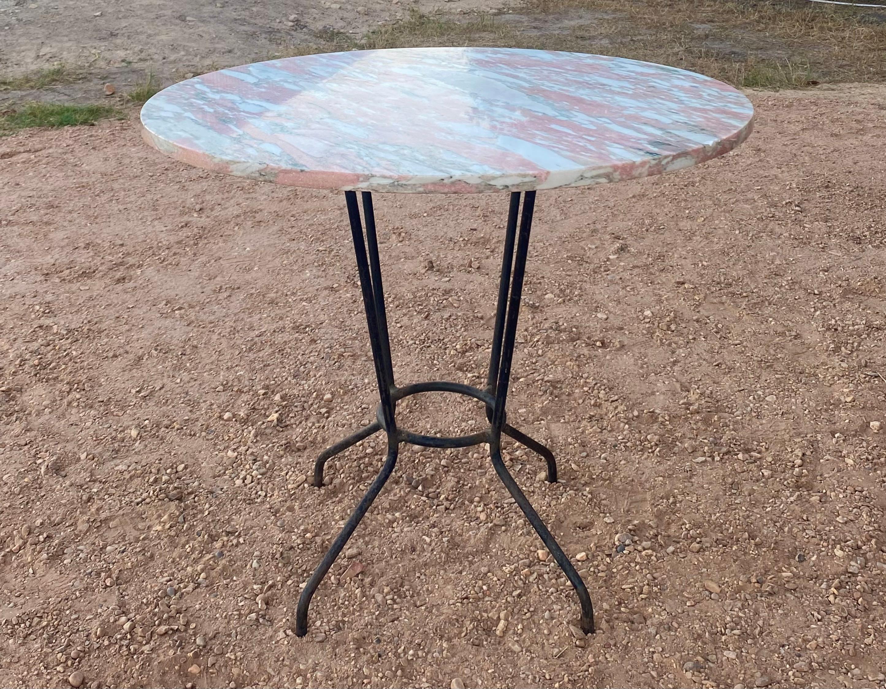 Carved French Iron + Pink Marble Round Patio or Dining Table For Sale