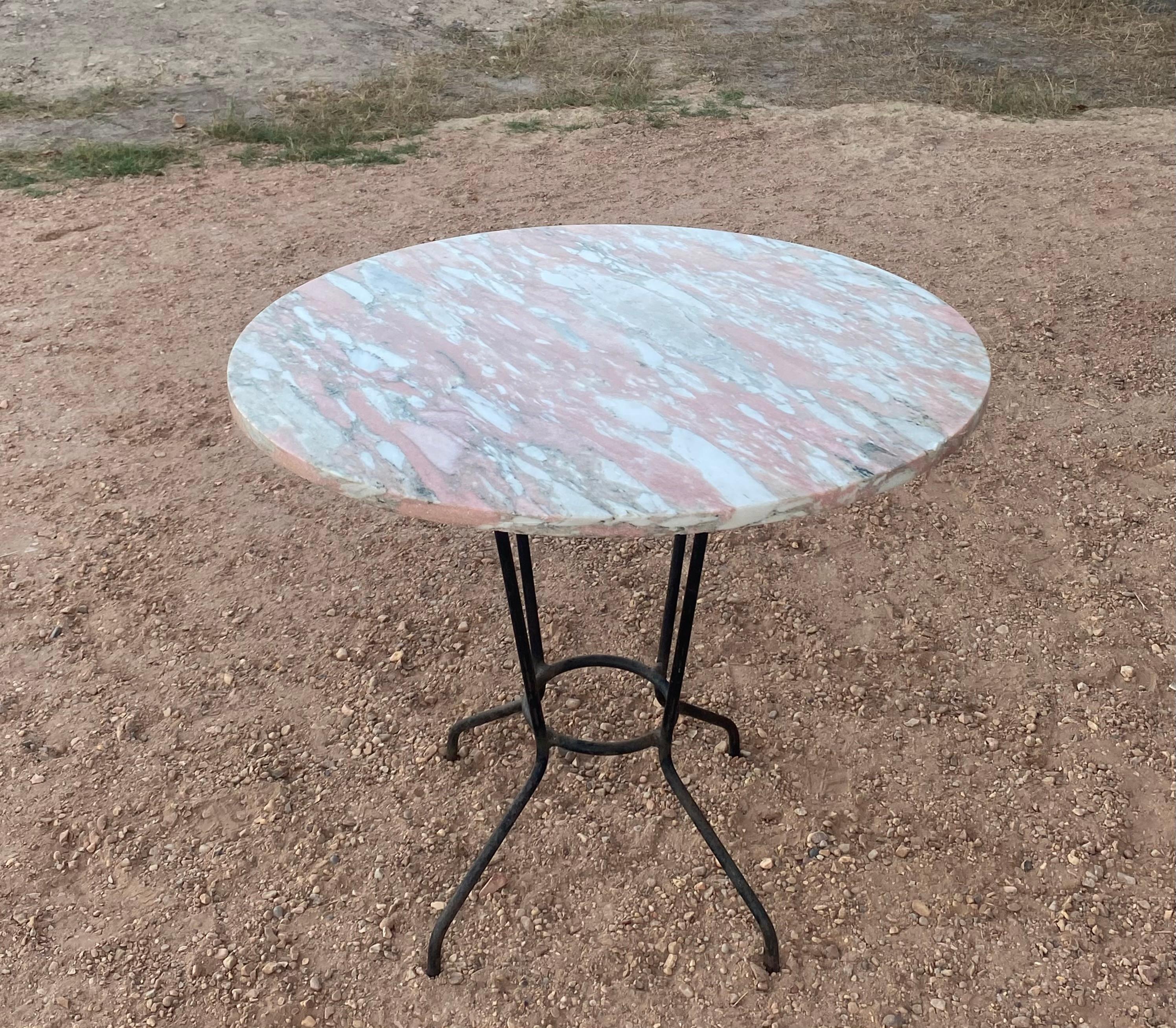 20th Century French Iron + Pink Marble Round Patio or Dining Table For Sale