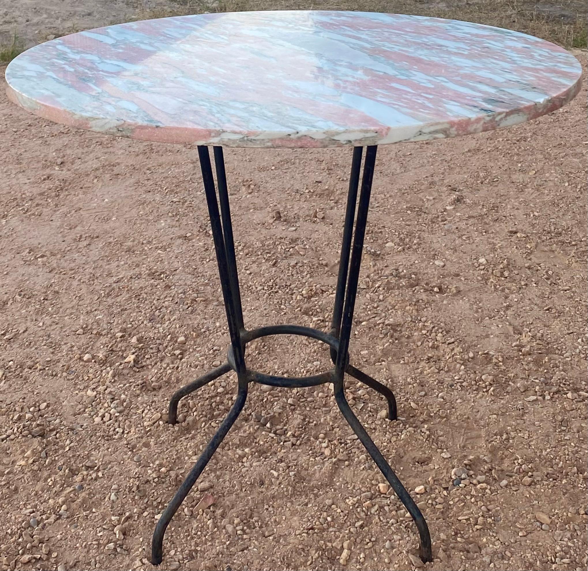 French Iron + Pink Marble Round Patio or Dining Table For Sale 1