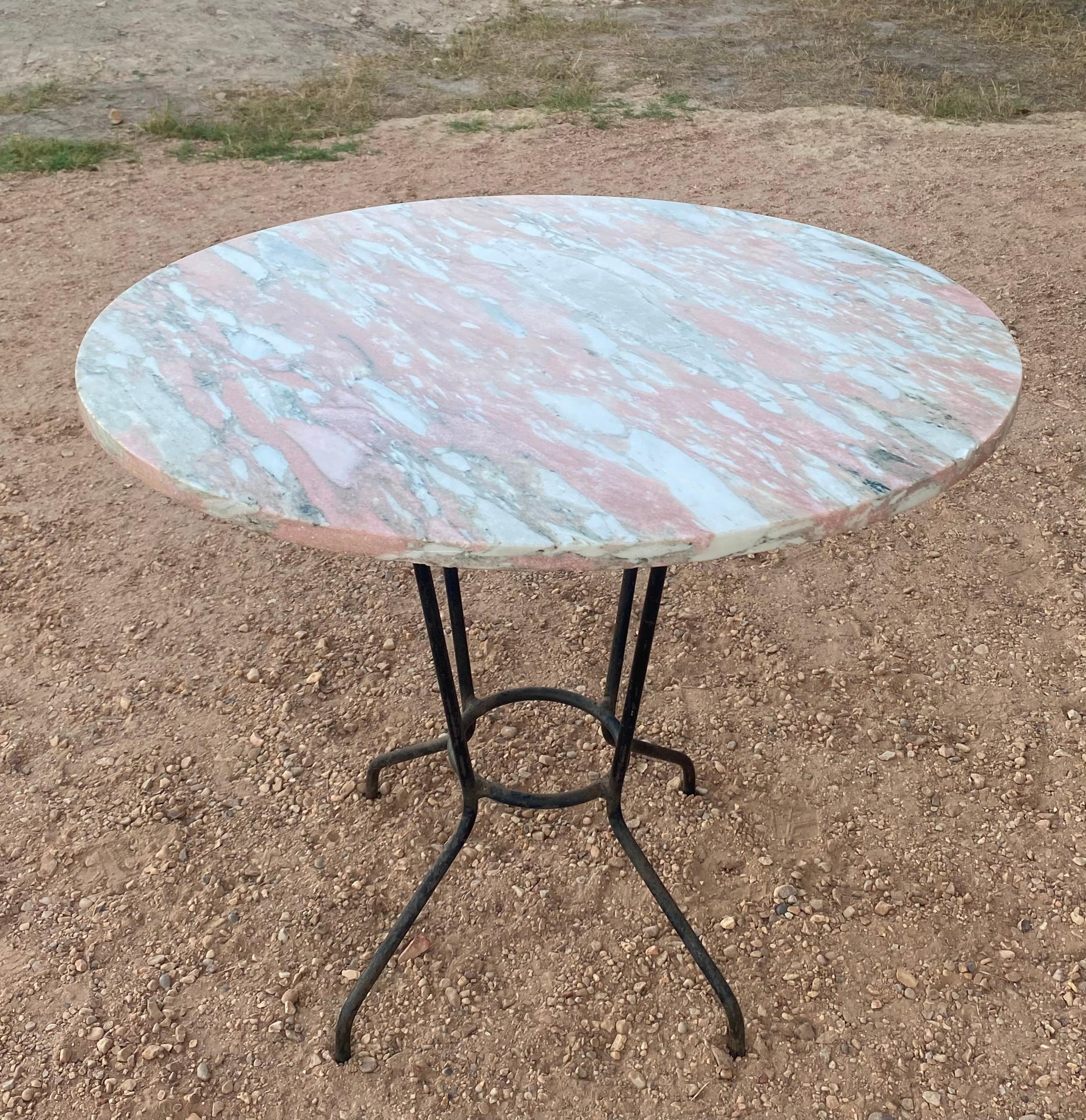 French Iron + Pink Marble Round Patio or Dining Table For Sale 2