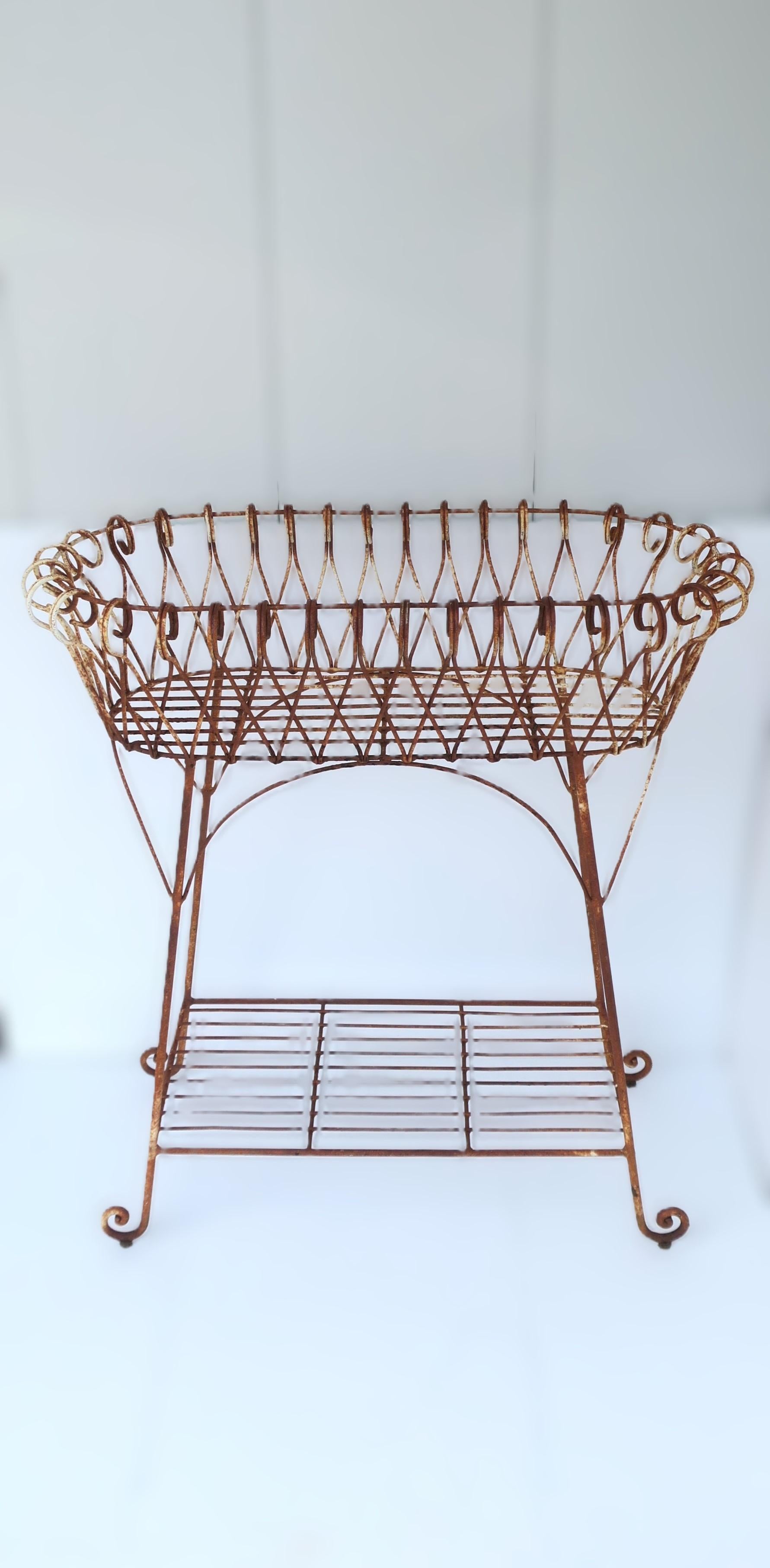 A French iron garden plant pot holder stand jardiniere, circa early-20th century, France. This sculptural flower or plant holder displays beautifully; piece is oblong iron with accentuated and whimsical scrolls over top sides of oval basket area,