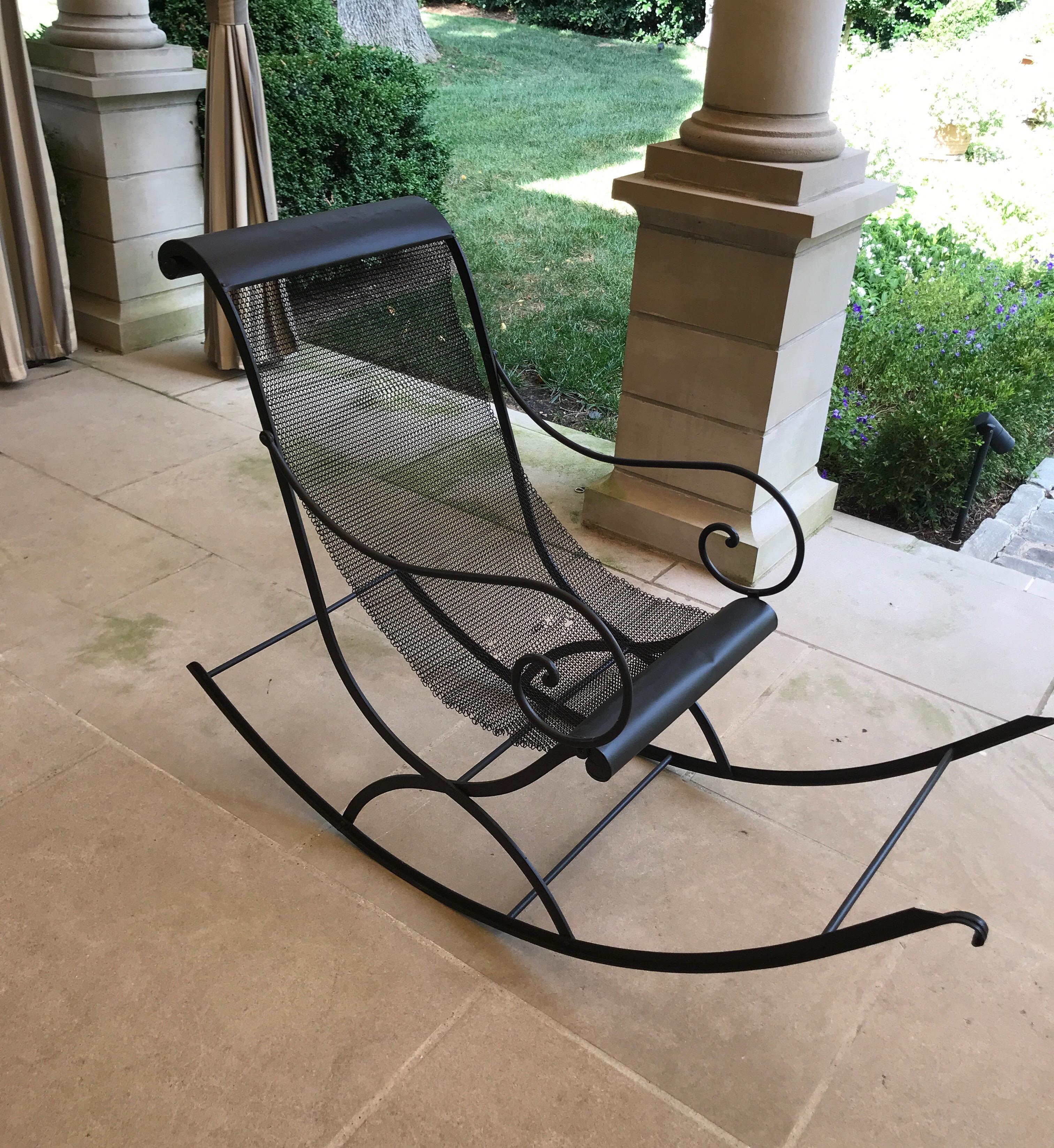 French Iron Rocking Chair with Mesh Sling Seat and Scroll Arms For Sale 5