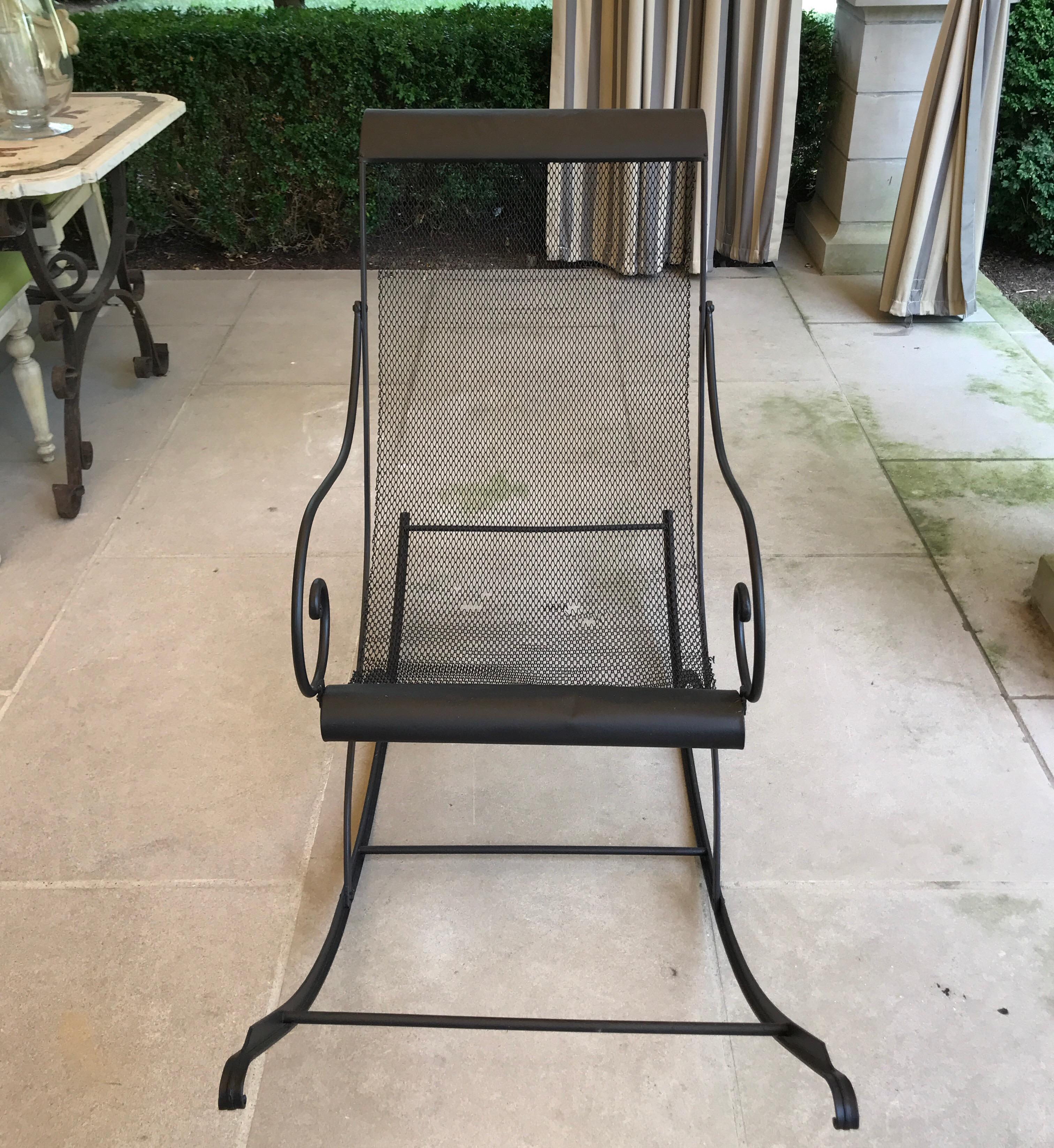 20th Century French Iron Rocking Chair with Mesh Sling Seat and Scroll Arms For Sale