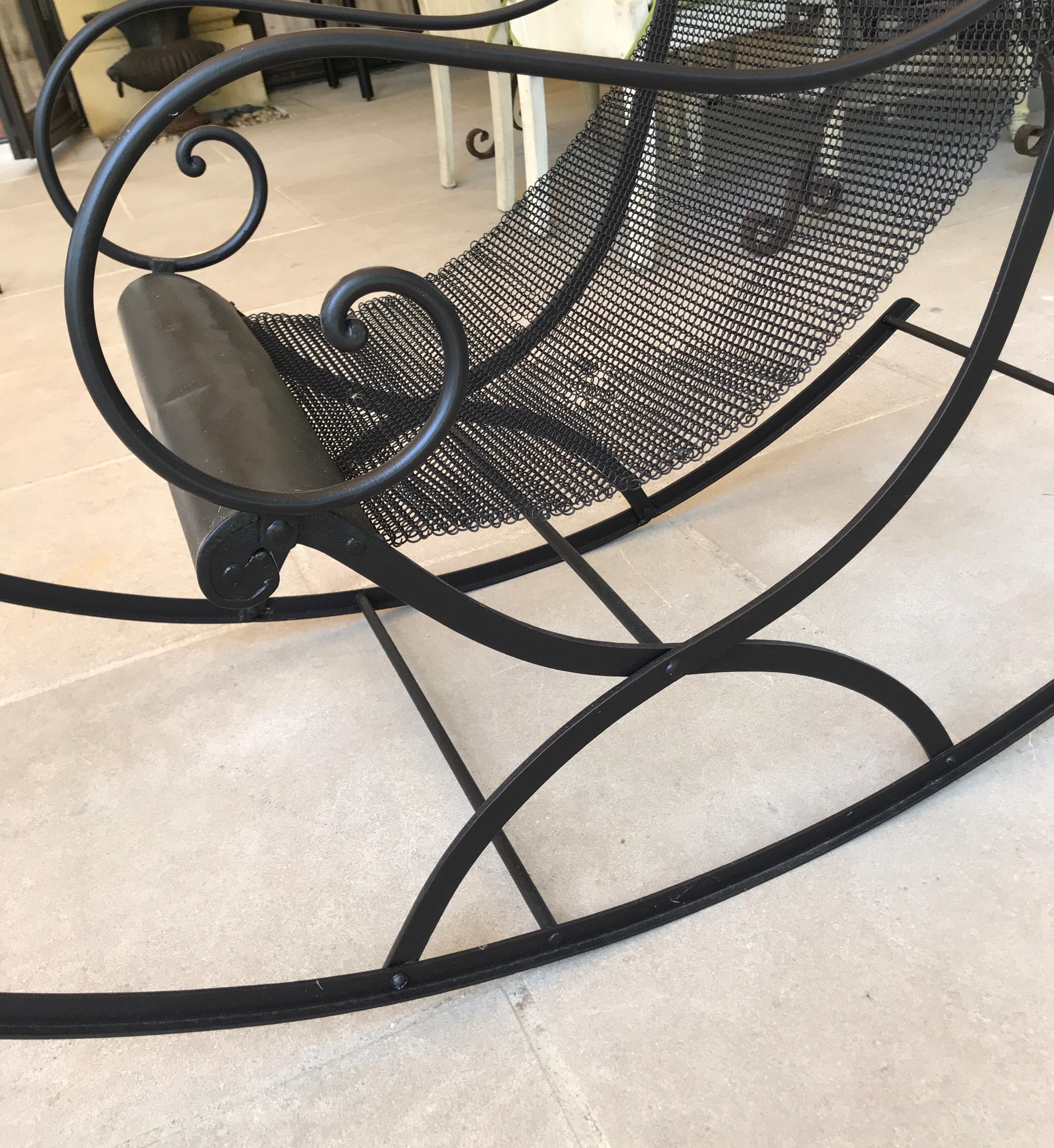 French Iron Rocking Chair with Mesh Sling Seat and Scroll Arms For Sale 1