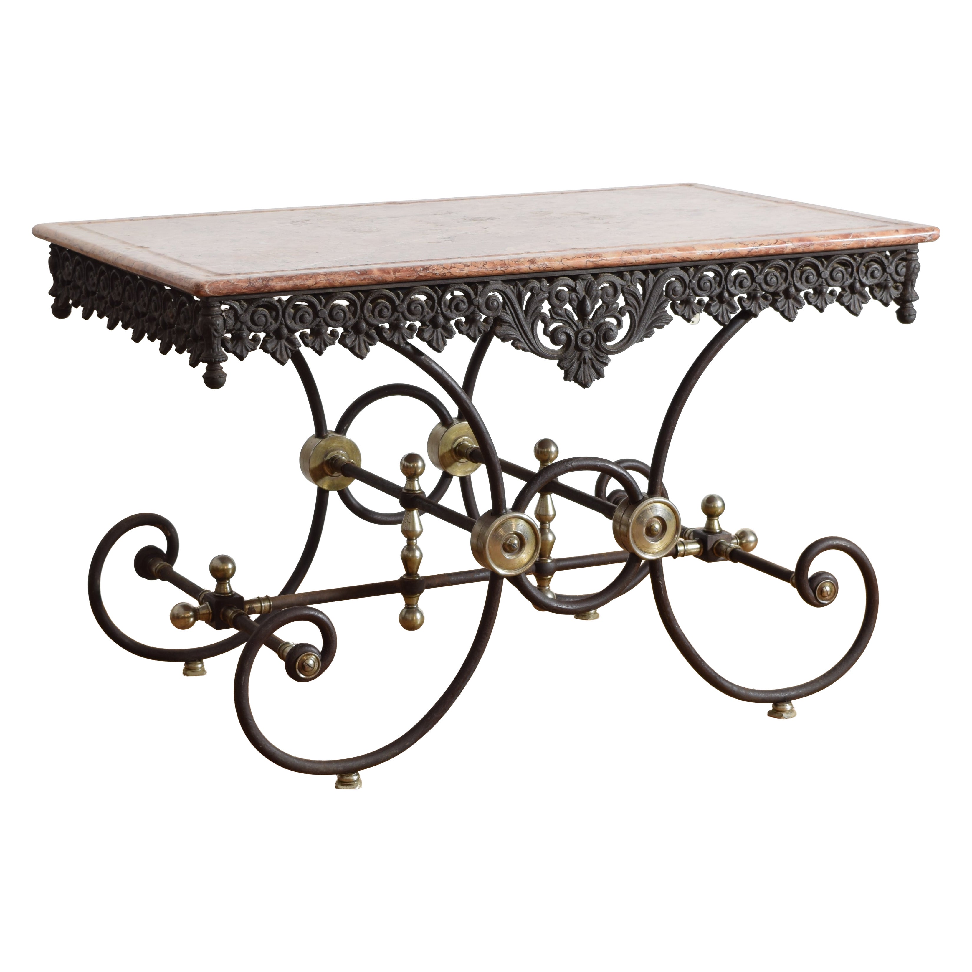 Tavolo francese con piano in ferro, acciaio e marmo de Boucher, seconda metà del XIX secolo in vendita