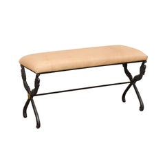 French Iron "Swan" Bench w/Leather Upholstered Seat