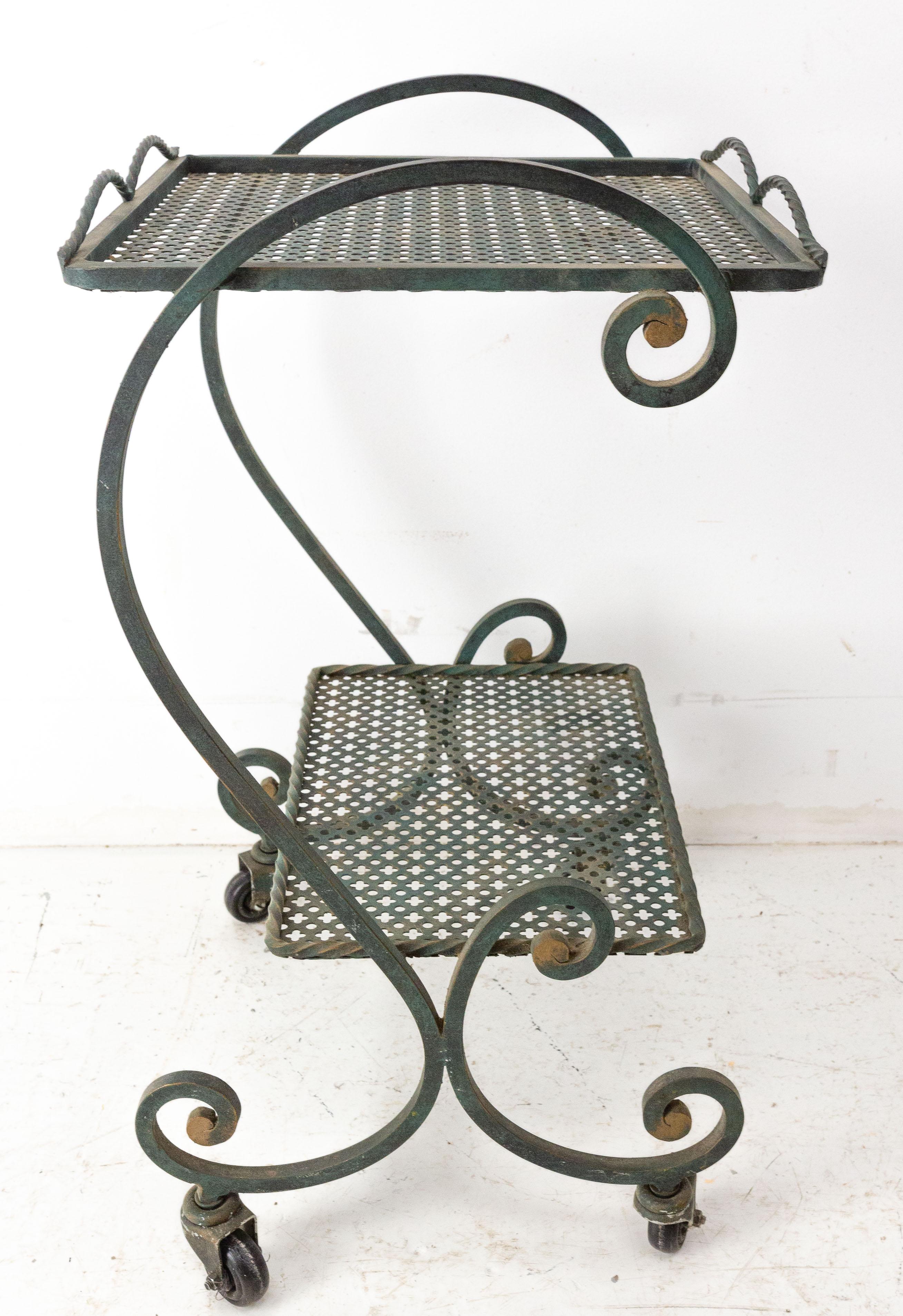 20th Century French Iron Table Trolley Console Desserte Side Table End Sofa with Wheels, 1960 For Sale